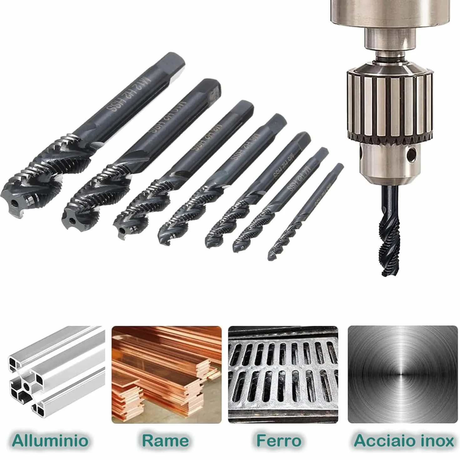Maschi a filettatura interrotta a spirale in nitruro HSS 6542 M3 M4 M5 M6 M8 M10 M12 Set 7 pezzi per metallo legno