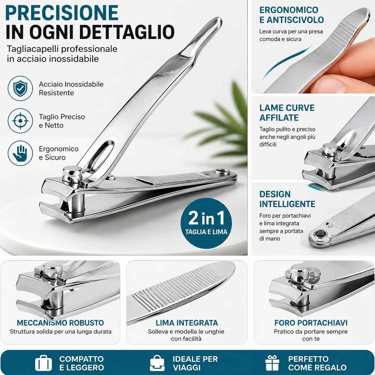 Tagliaunghie Professionale in Acciaio Inox- con lime per unghie integrate, tagliaunghia in acciaio inossidabile resistente per unghie spesse, affilato per uomini e donne