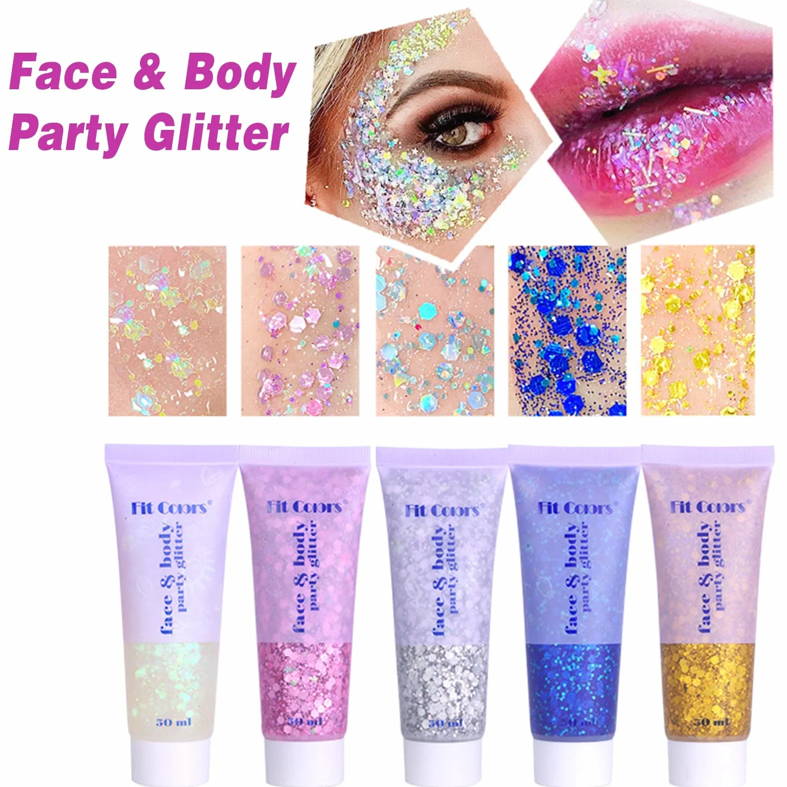 Miioto Glitter Corpo Gel, Glitter Corpo e Capelli, Brillantini Corpo,Glitter Make Up, Brillantini Adesivi per Viso, Glitter Gel per Viso, Unghie, Occhi,Labbra,Capelli,Corpo,Feste in Maschera, 3 Colori