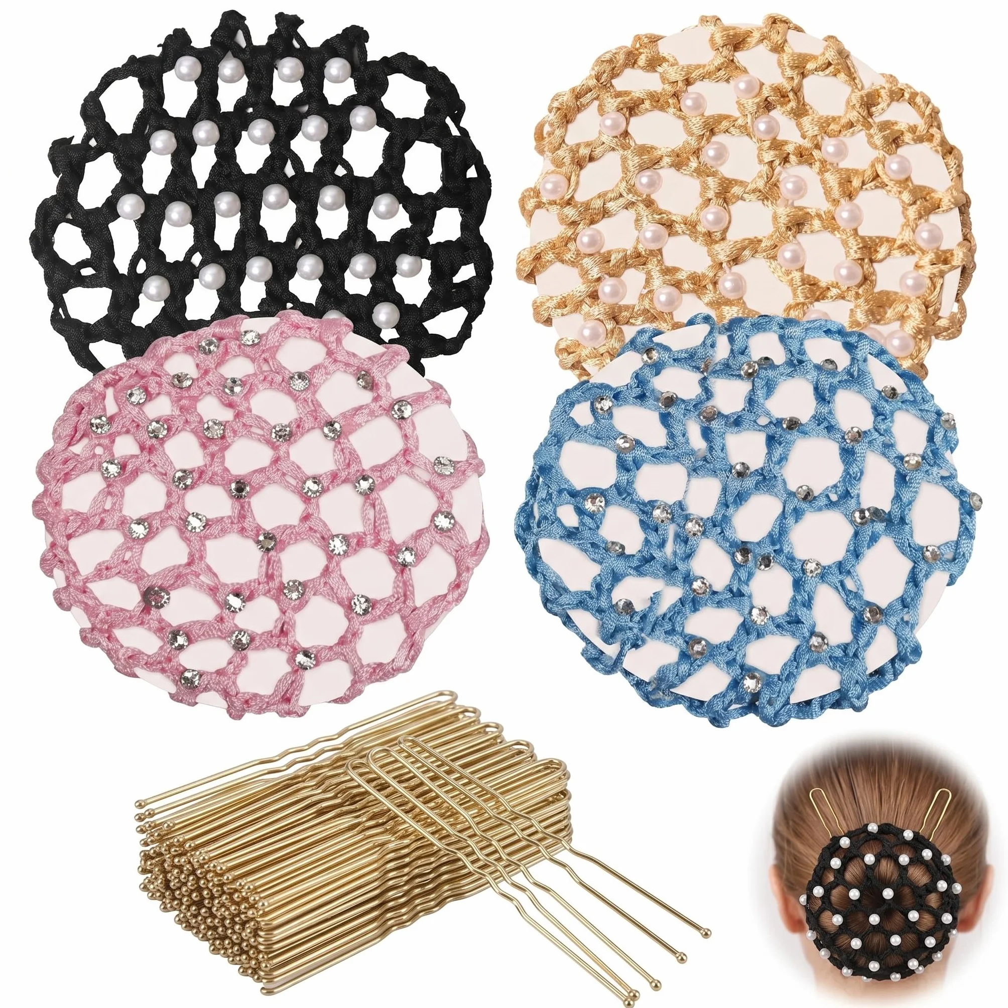 4 Pezzi Retine per Chignon Bambina e Donna con Perle e Brillantini, Include 50 Forcine a U Oro, Retina per Capelli Elastica per Danza Classica, Balletto, Pattinaggio e Equitazione (4 Colori)