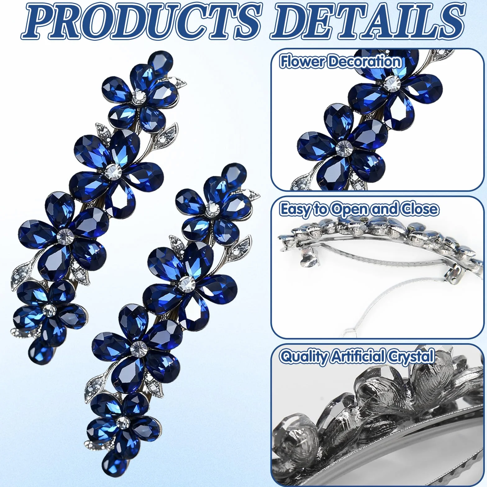 2 fermagli per capelli blu da donna, fermagli con strass e cristallo di alta qualità, accessori per capelli da donna con capelli sottili e spessi, presa sicura per varie acconciature