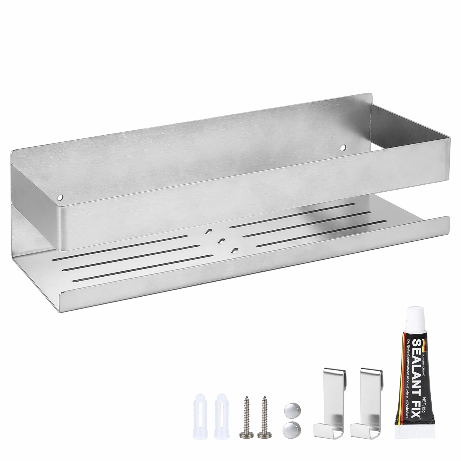 EXLECO Mensola Doccia Senza Foratura 30 CM Acciaio Inox Cromo Spazzolato con 2 Ganci Mobili Porta Shampoo