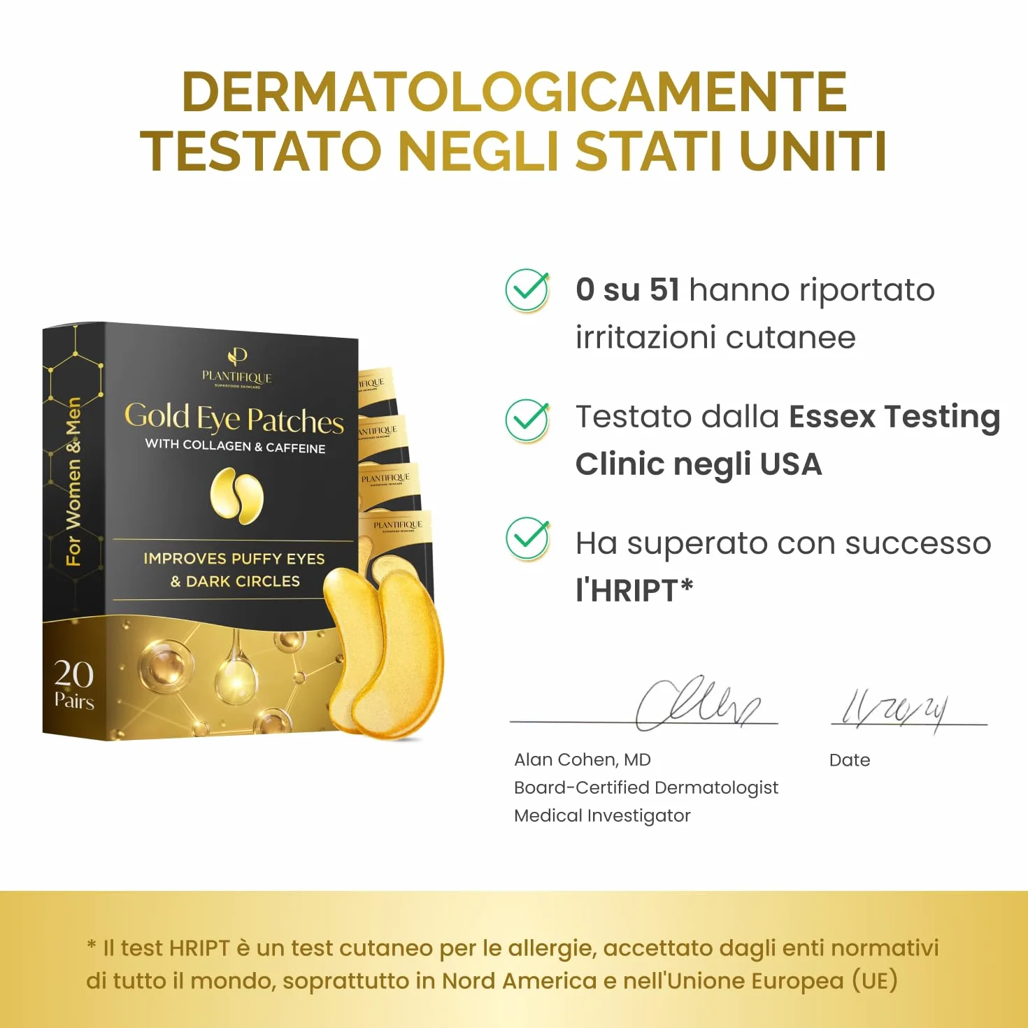 PLANTIFIQUE Patch Occhi Antirughe Donne e Uomini | Oro 24K Maschera Occhiaie e Borse | Skin Care Kit Viso Crema Contorno Occhi Idratante | 20 Paia di Cerotti