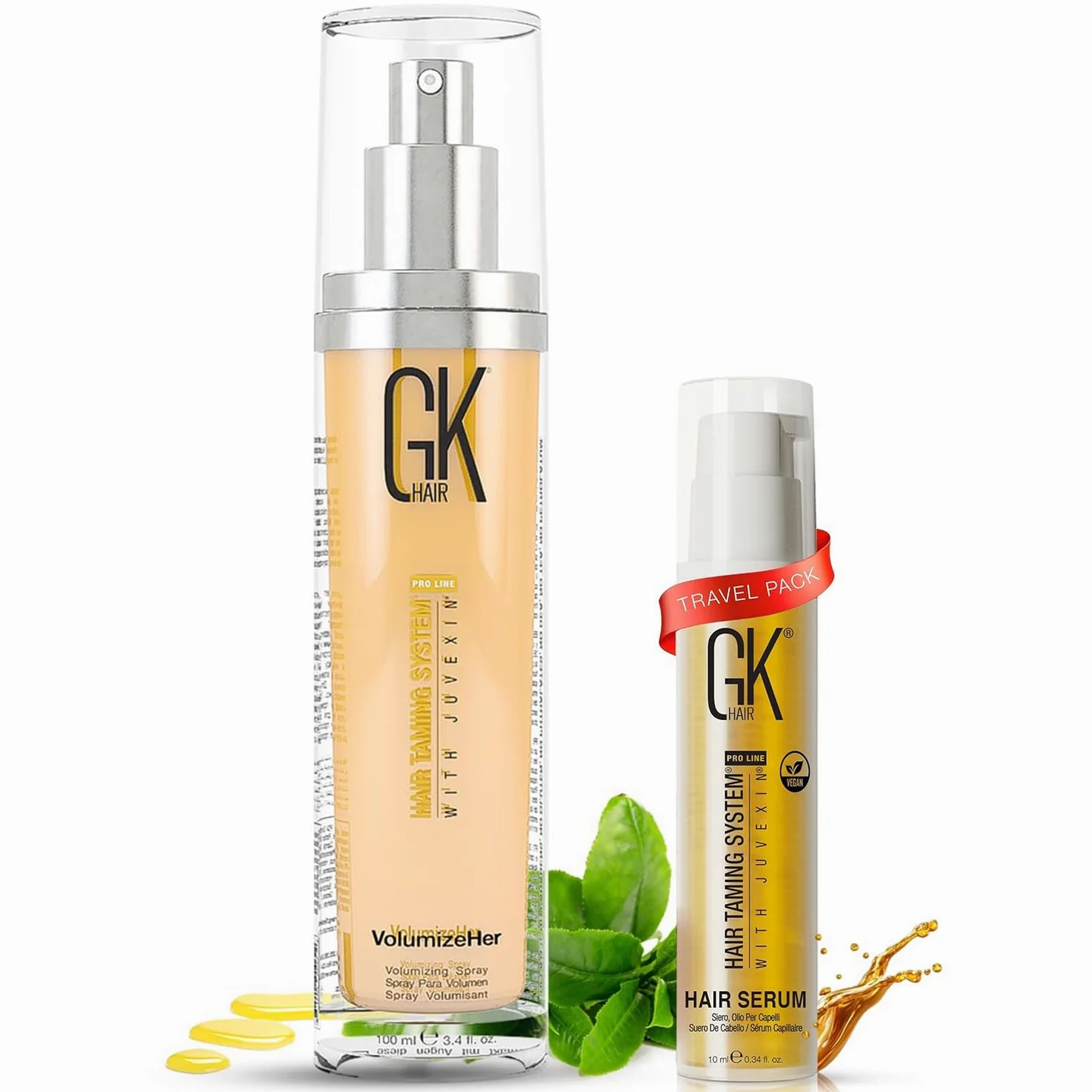 GKhair VolumizeHer Spray 100 ml + GK Hair Olio di Argan 0.34 Fl Oz – Spray Volumizzante e Termoprotettore – Capelli Spessi, Senza Crespo e Lisci – Styling Professionale e Controllo Effetto Crespo – Se