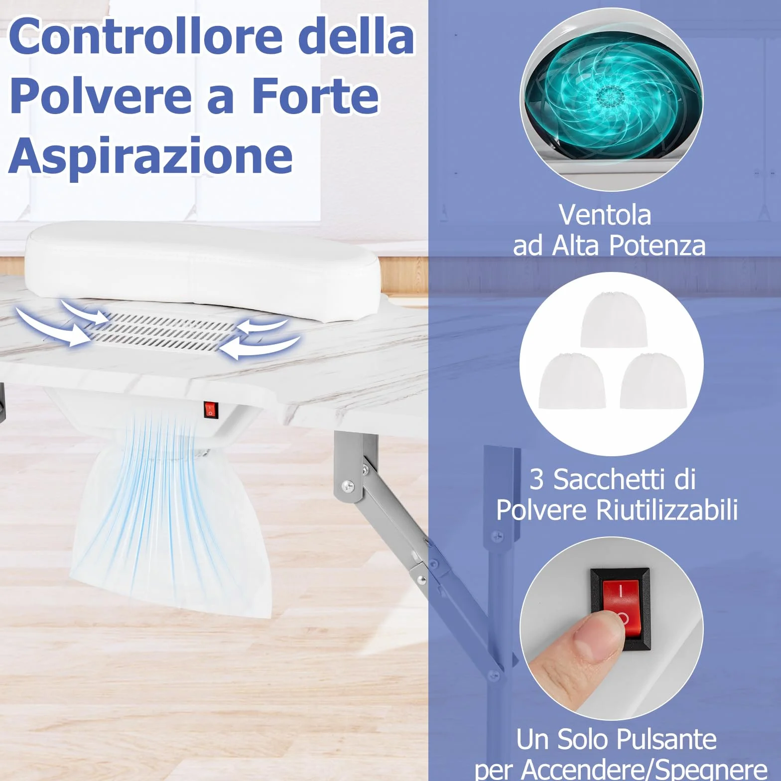 COSTWAY Tavolo per Manicure Pieghevole con Aspiratore Elettrico, Tavolo per Unghie Portatile con Luce LED, Cuscino Poggia Polso Clienti, Borsa e 4 Ruote Bloccabili (Bianco)