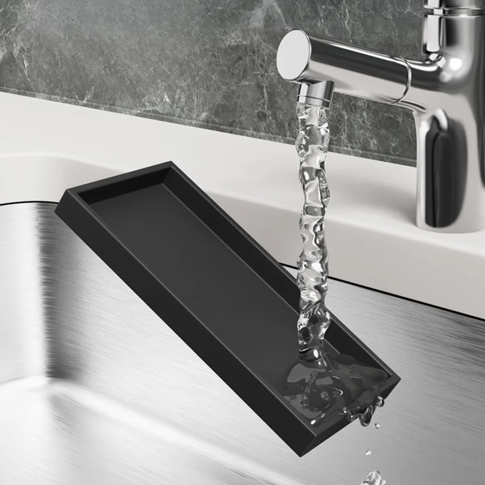 Vassoio da Bagno Rettangolare in Silicone Nero 30 x 12,5 cm Portaoggetti per Sapone Gioielli Profumi