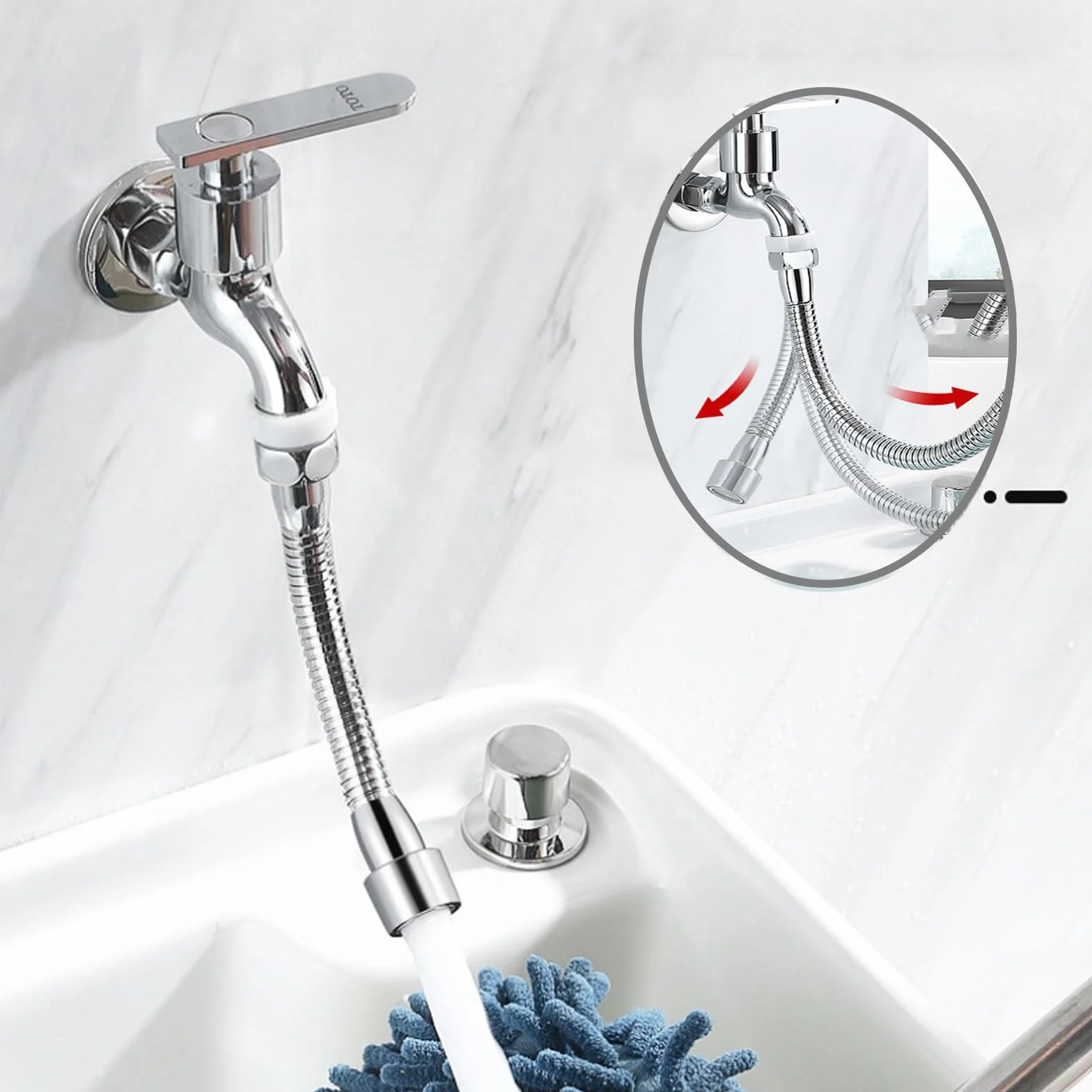 Prolunga Rubinetto Cucina 20cm Acciaio Inox Estensione 360° Girevole 2 Adattatori