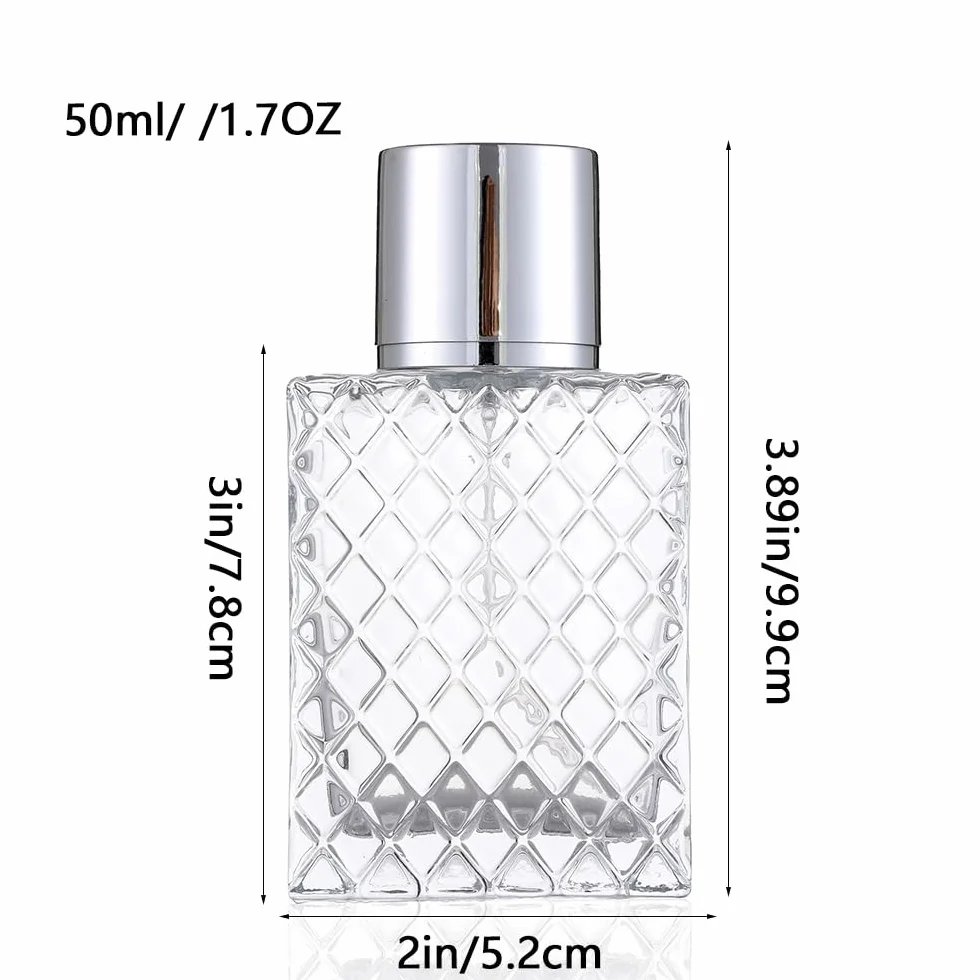 Bottiglia spray per profumo, da 50 ml / 1,7 fl.oz, con nebulizzatore trasparente, ricaricabile, in vetro, flacone vuoto, dispenser quadrato portatile, Argento, 1.7 Ounces
