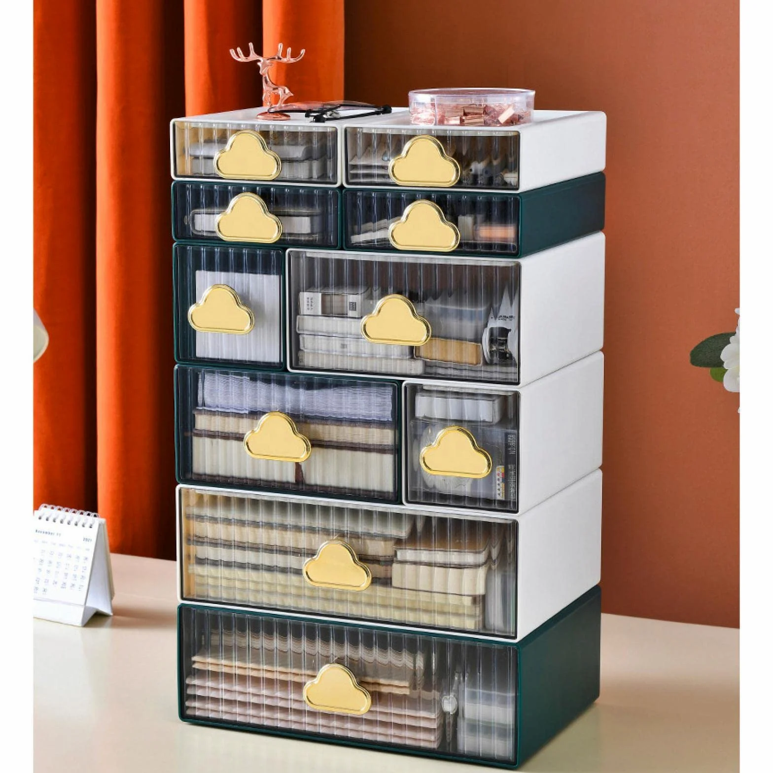 Cassetto dell'organizzatore di Trucco Impermeabile Scatola portaoggetti da scrivania cosmetica Scatola portaoggetti cosmetica di Grande capacità Cassetto Desktop D Verde