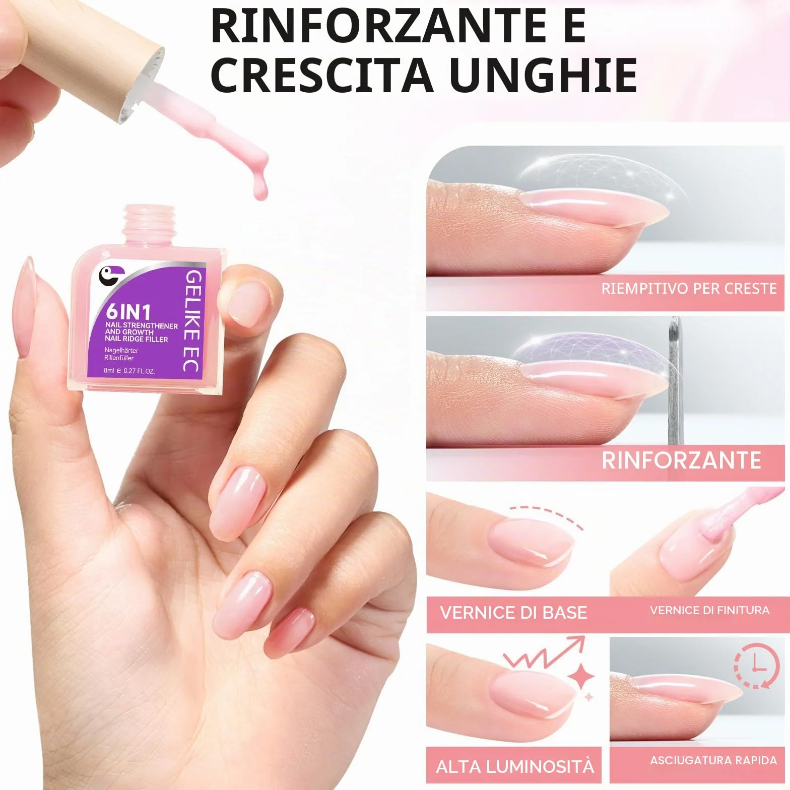 Gelike ec Cura delle unghie crescita e rinforzante: 6 in 1 rosa trasparente rinforzante per unghie sottili danneggiate e fragili