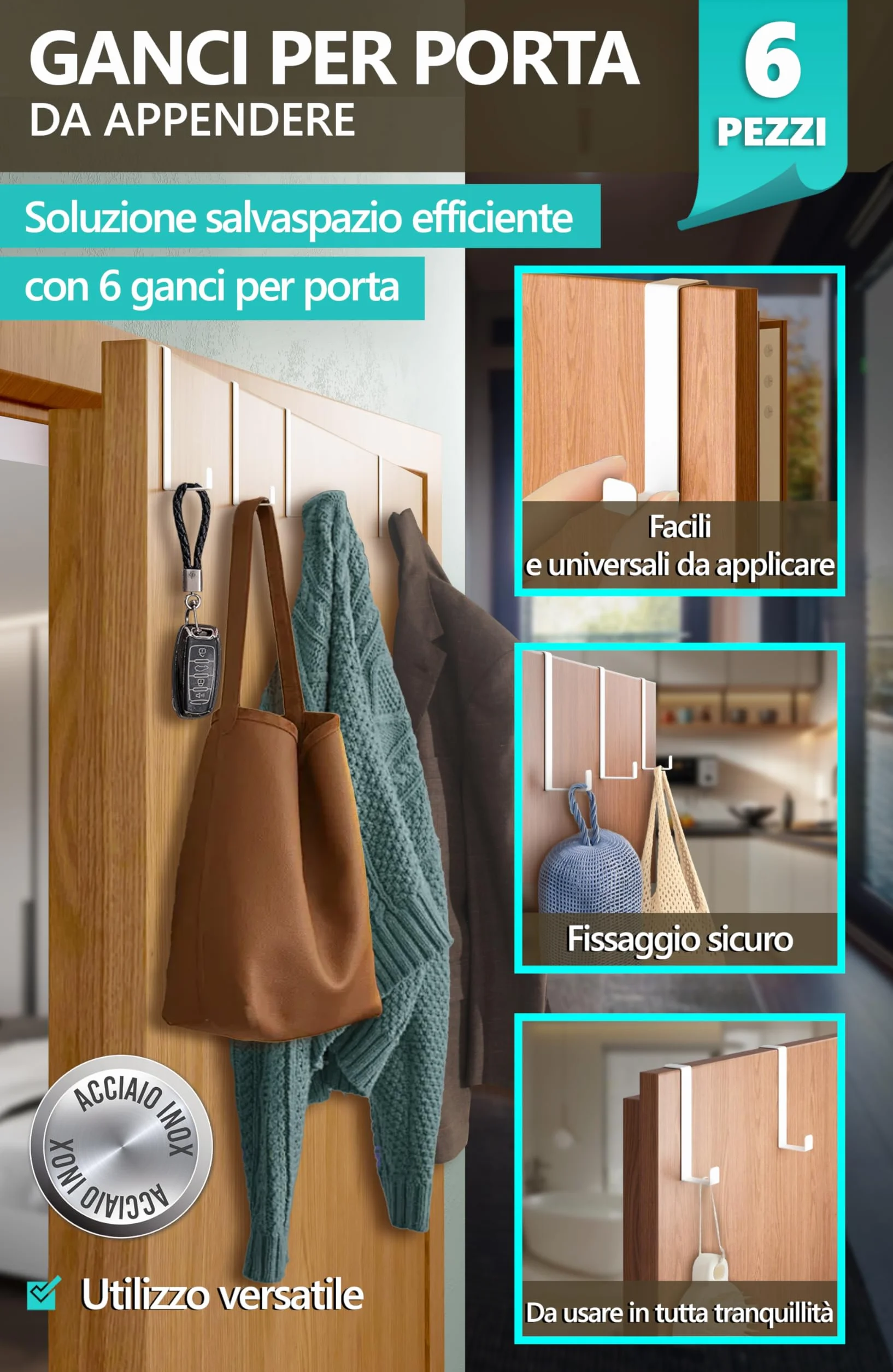Appendiabiti da Porta Bianco 6 Ganci Acciaio Inox Attaccapanni Gancio Porta Elevata Capacità di Carico