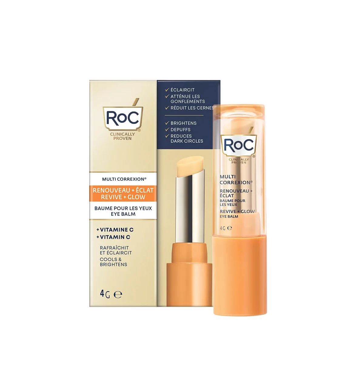 RoC - Multi Correxion Revive + Glow Balsamo Occhi - Formula Alla Vitamina C E Ai Peptidi - Riduzione Delle Cricche Scure E Delle Borse - Applicazione Senza Contatto - Ipoallergenico - 4g