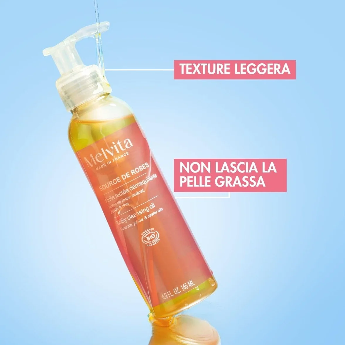 Melvita - Olio Struccante - Source de Roses - Pulizia Delicata & Efficace - Arricchito con Estratti di Rose Selvatiche & Oli Vegetali - 145 ml