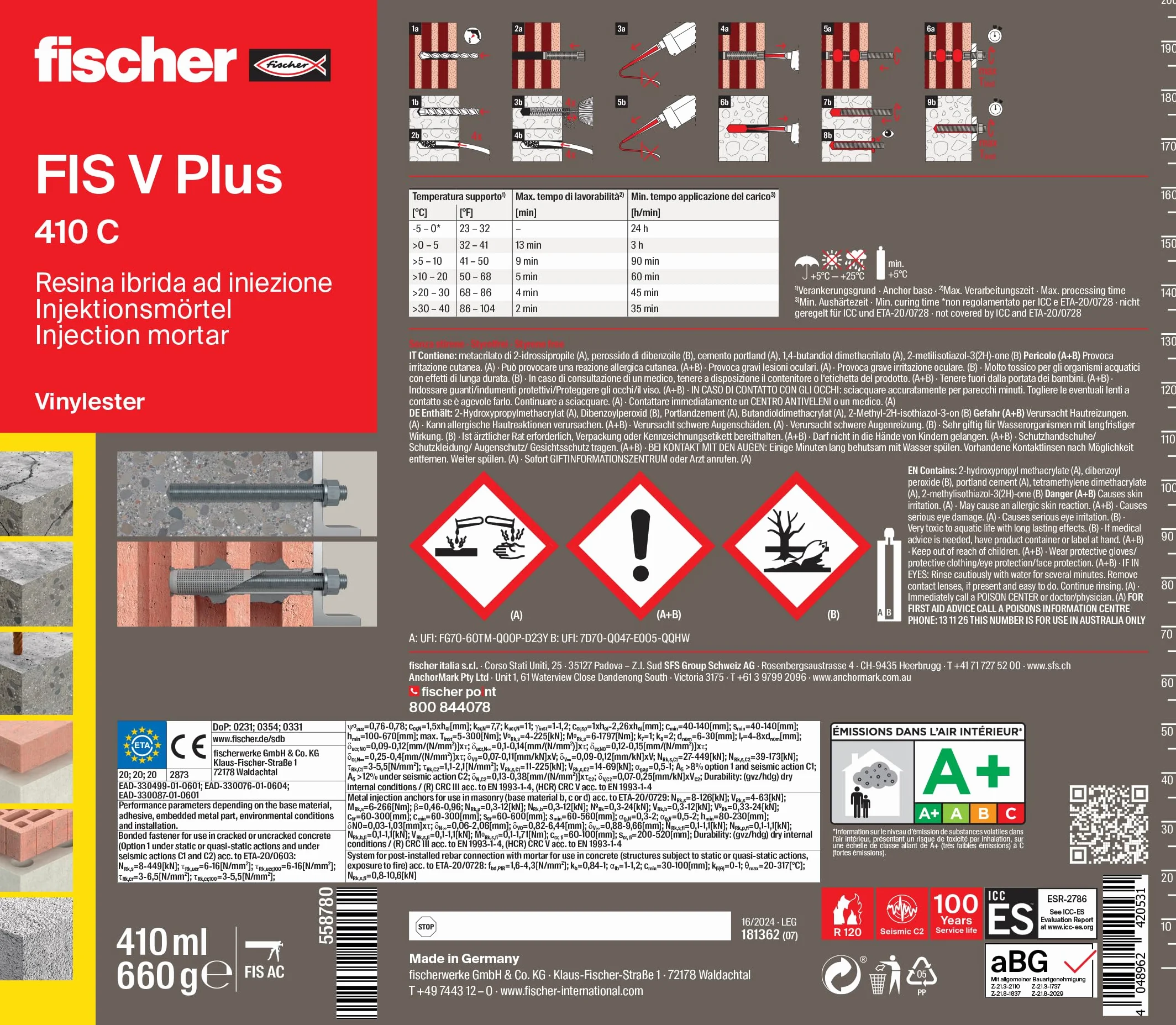 Fischer FIS V PLUS 410C Ancorante Chimico Strutturale per Calcestruzzo e Muratura, Cartuccia 410ml con 2 Miscelatori