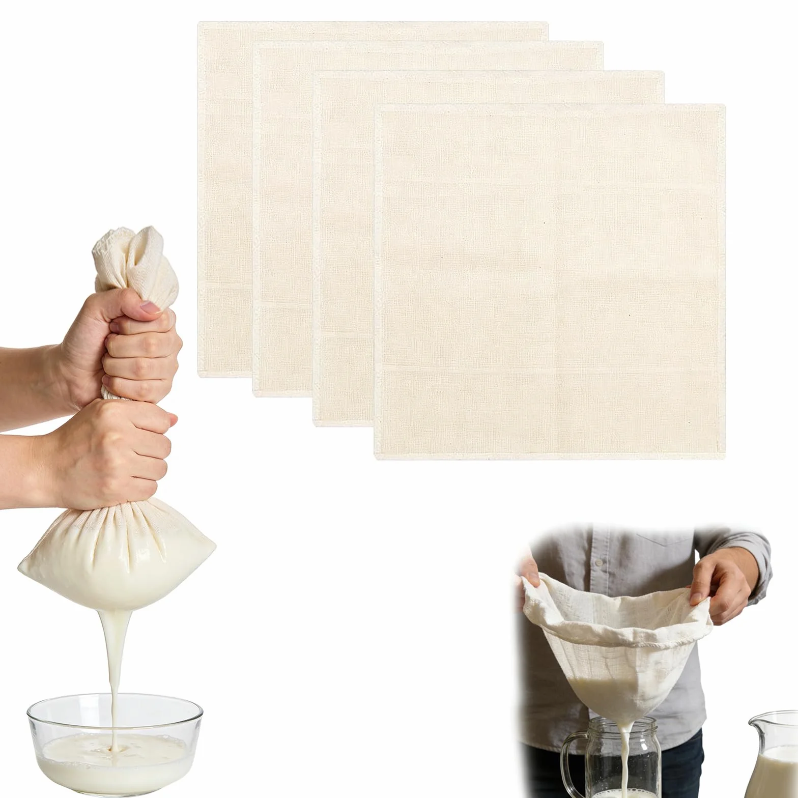 4 Panni per Formaggio Riutilizzabili, Cotone Non Sbiancato per Filtrare Yogurt, Succo di Verdura, Latte, 50x50 cm e 60x60 cm, Adatti per Lavorare con Alimenti Caldi, Facili da Pulire e Duraturi