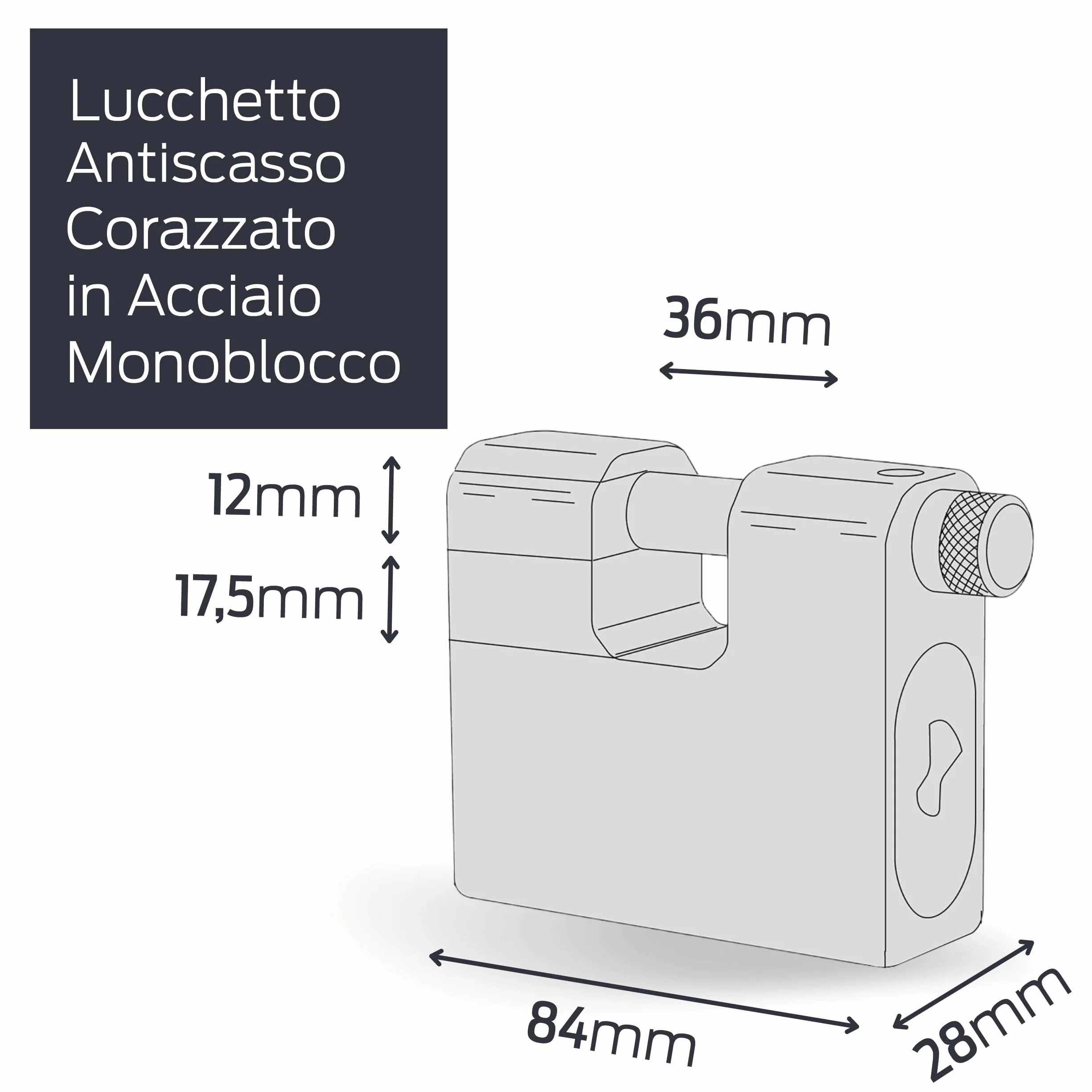 CISA Lucchetto Antiscasso Corazzato Acciaio Monoblocco 12855L840 Chiave LIM 84 mm