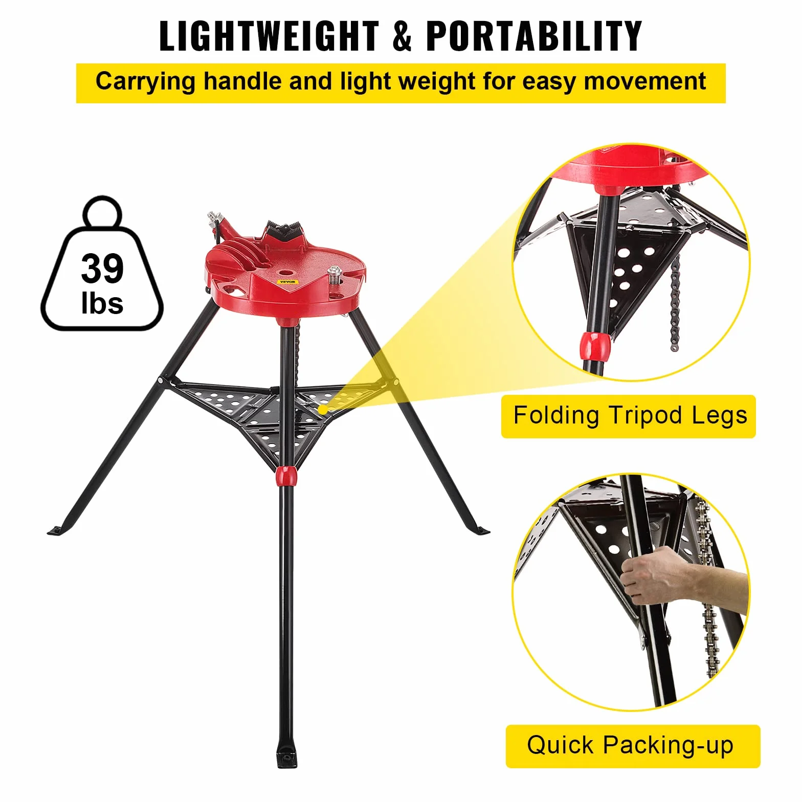 VEVOR 460-6 Morsa a catena per tubi con treppiede, capacità 1/8"-6", gambe in acciaio pieghevoli