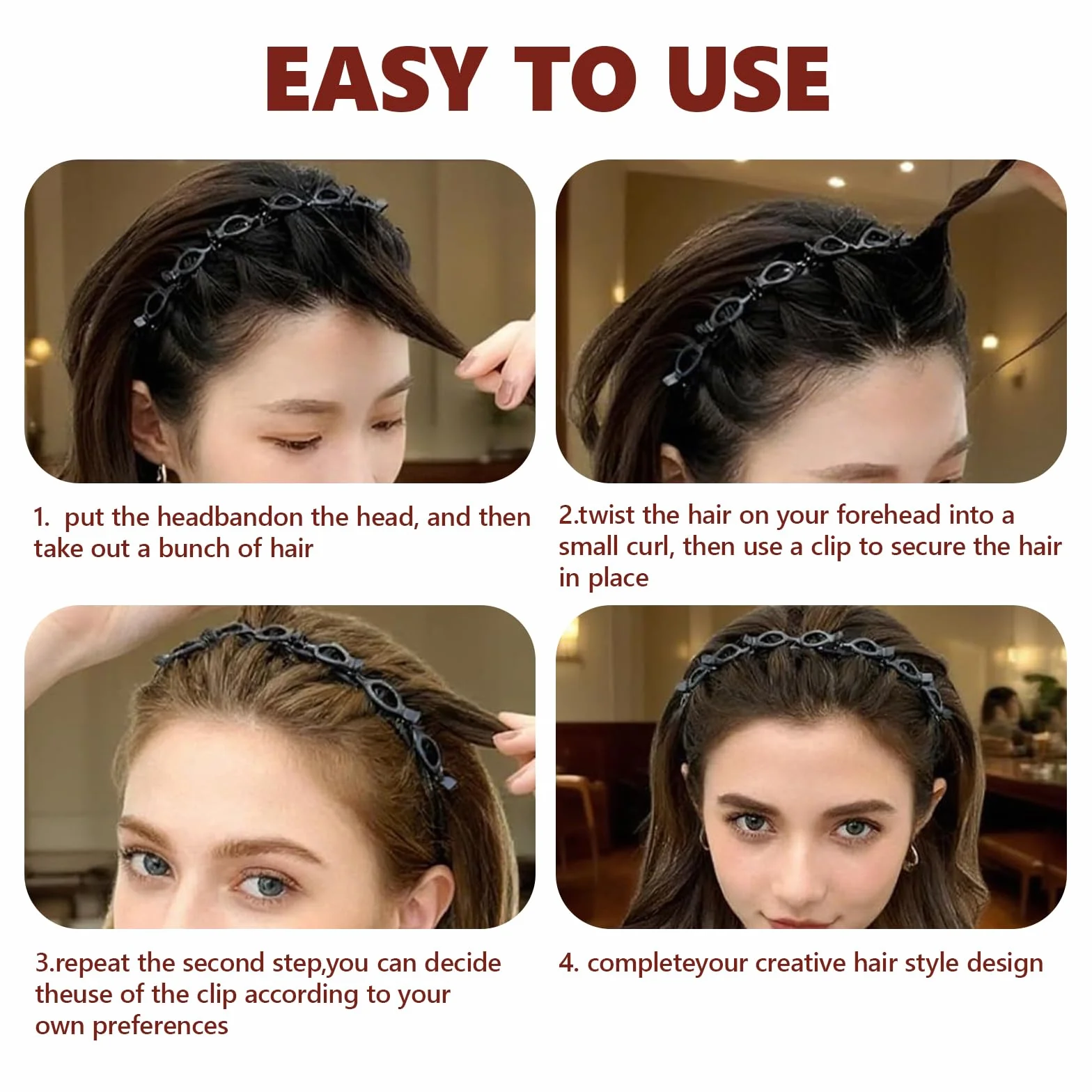 2 Cerchietti per Capelli con Fermagli, Forcina per Capelli a Doppia Frangia, Cerchietto con Clip a Forcina, Fermagli per Capello Intrecciati