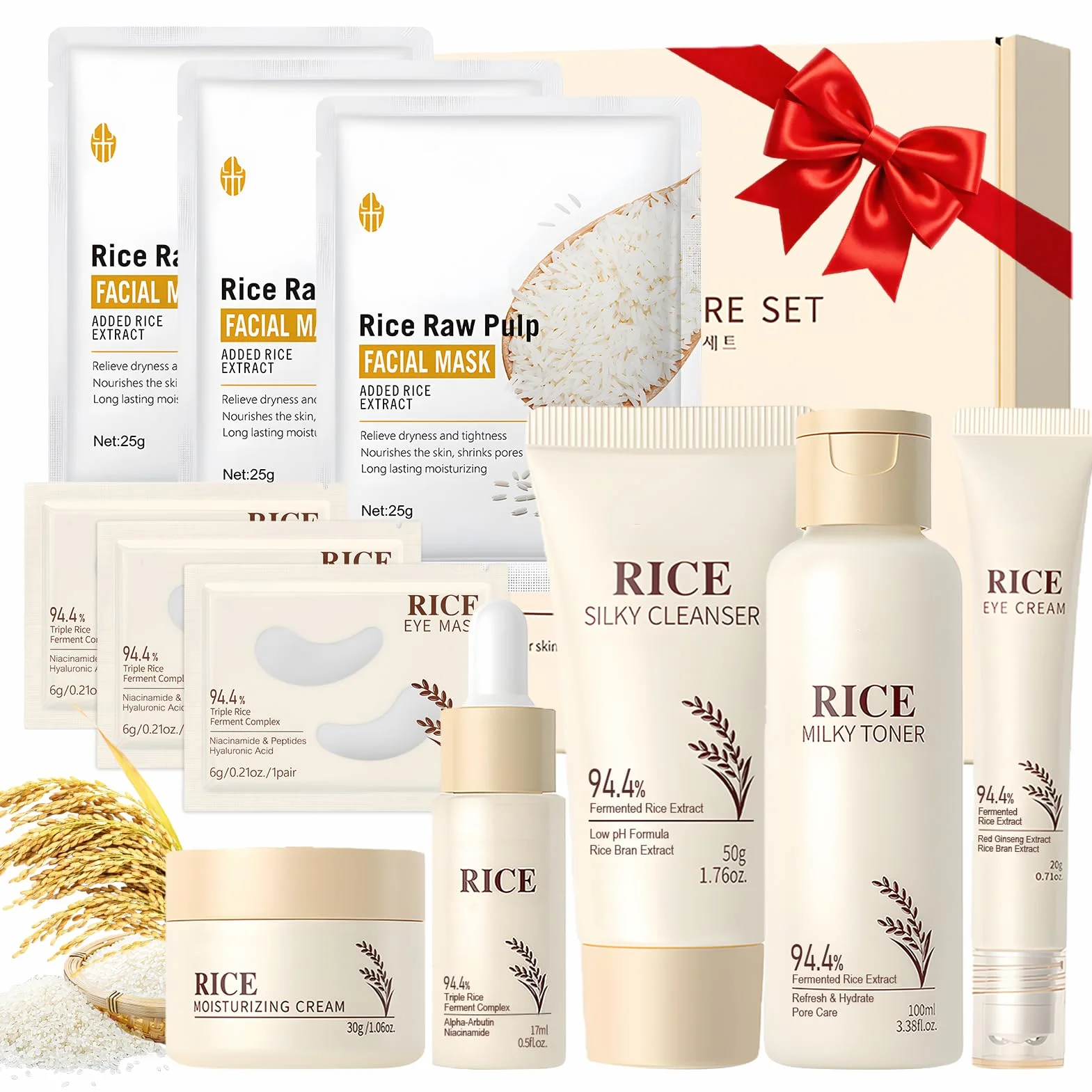 Riso Kit Skincare Viso Completo, 11 Pezzi Riso Set Skincare, Skin Care Coreana Set Completo con Detergente, Maschera, Maschera, Rice Toner, Contorno Occhi, Idrata e Nutre, Lasciando la Pelle Radiosa