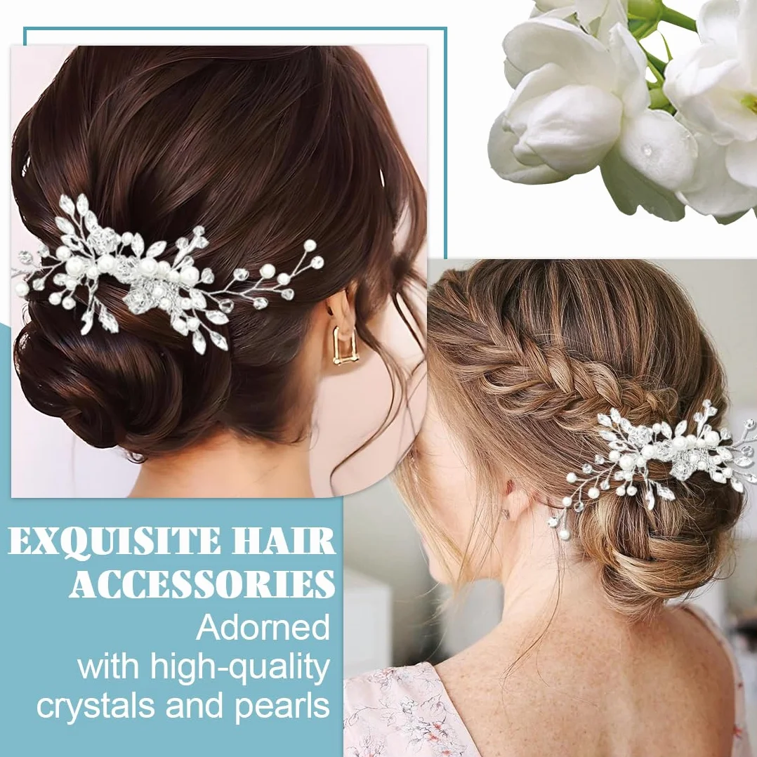 Fermaglio Capelli Sposa Argentato Con Cristalli, 2 Pettini Eleganti Per Matrimonio E Occasioni Speciali, Set Completo Per Donne E Ragazze