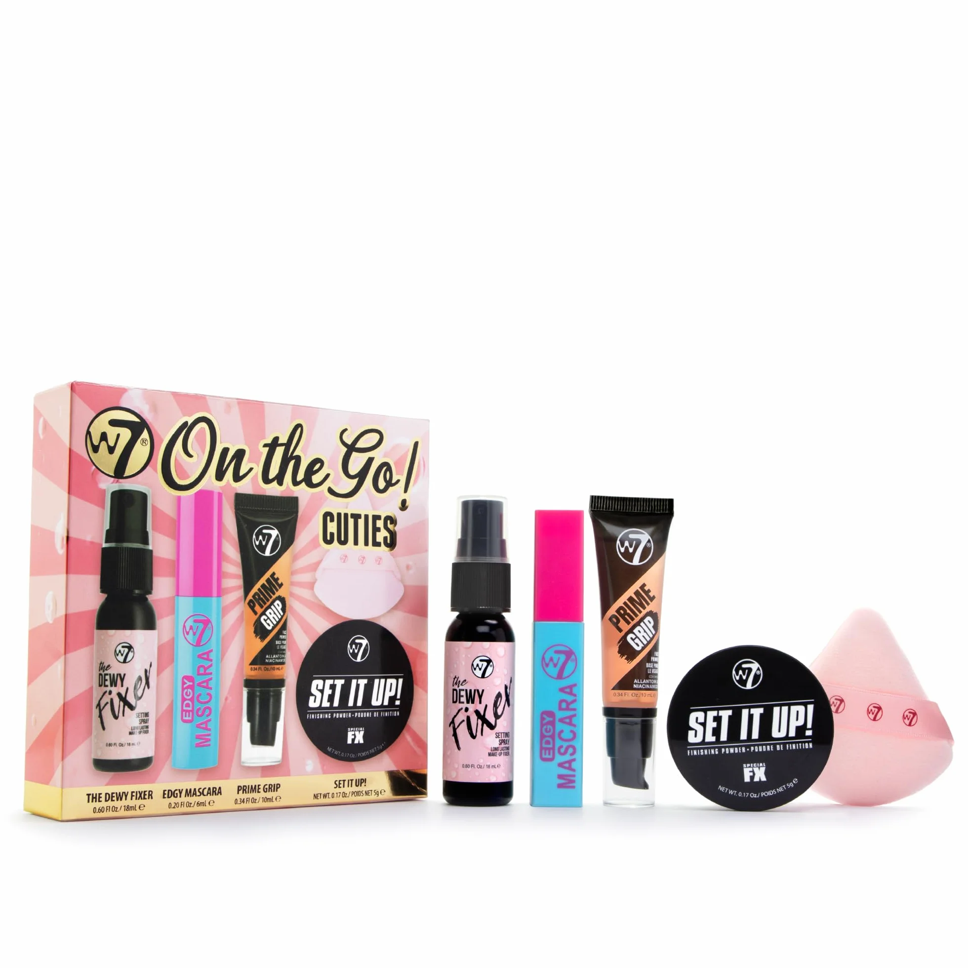 W7 On the Go Cuties - Prodotti per il trucco in formato mini con primer, mascara, spray fissante, cipria e spugnetta per trucco - Trucchi in formato da viaggio