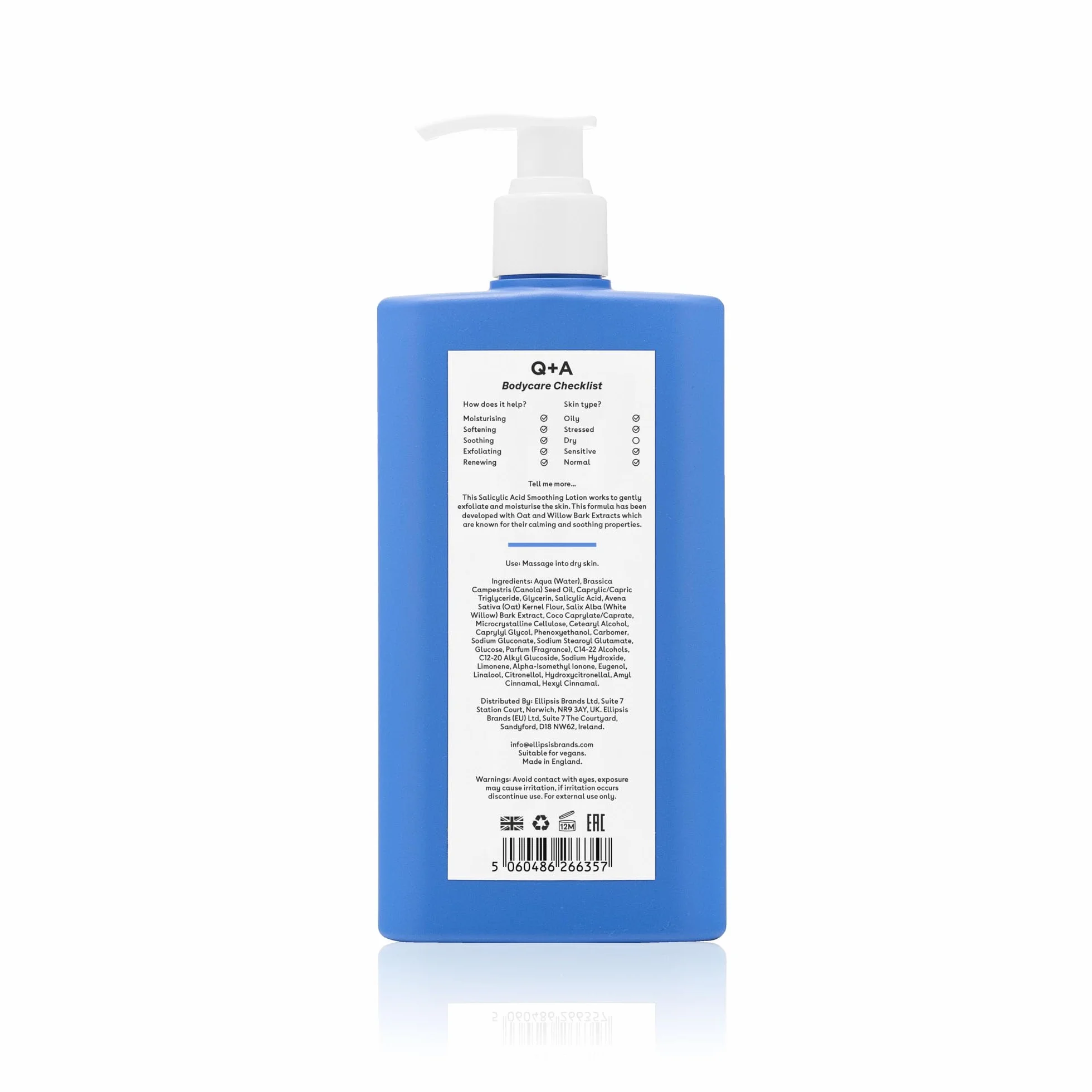 Lozione Levigante all'Acido Salicilico Q+A per la Cura Mirata del Corpo, un BHA che esfolia la pelle, contrasta il 'backne' e la texture indesiderata, favorisce una pelle più liscia e sana, 250ml
