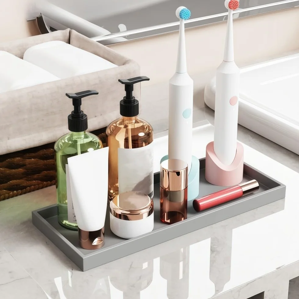 Vassoio da Bagno Rettangolare in Silicone Nero 30 x 12,5 cm Portaoggetti per Sapone Gioielli Profumi