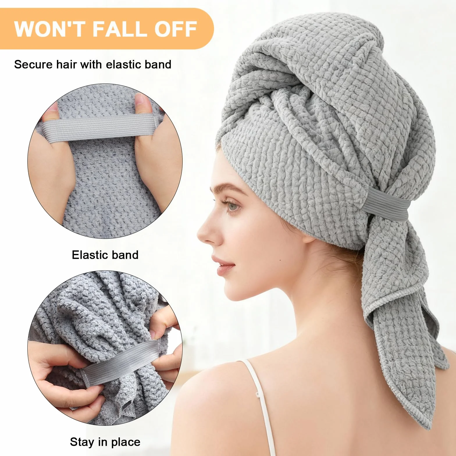 2 asciugamano microfibra capelli, turbante asciugacapelli grigi con elastico, rapida e super assorbenti per capelli lunghi (100 x 60 cm)