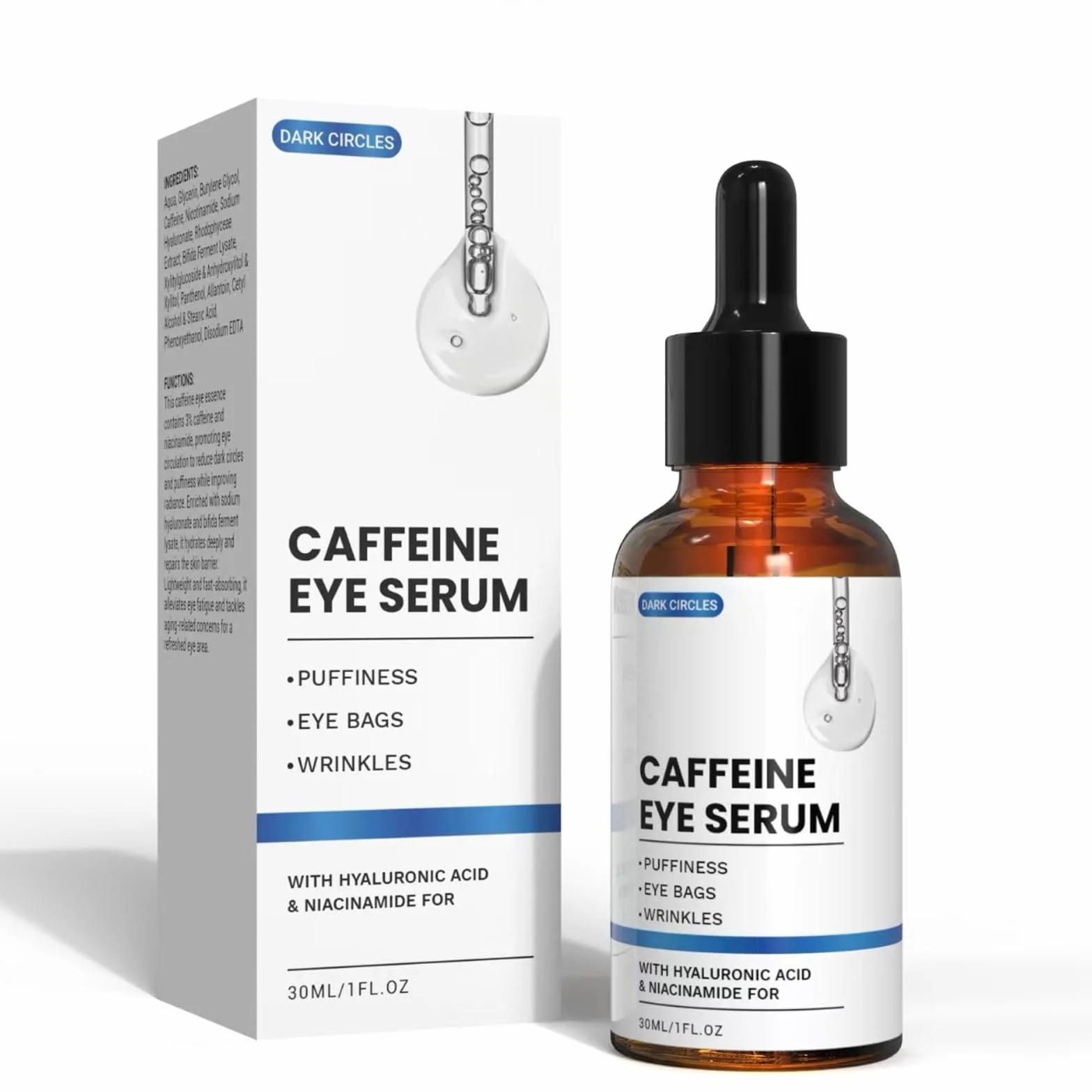 Siero Caffeina Contorno Occhi, Siero occhi antirughe con acido ialuronico per eliminare le occhiaie e le borse, per uomini e donne (30 ml)