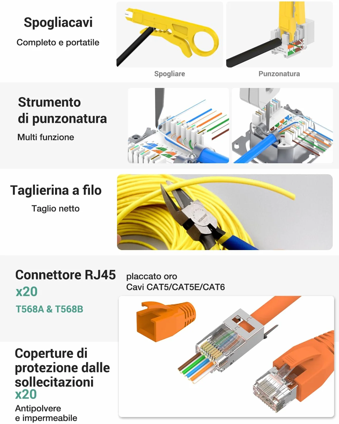 VCELINK Set di Pinze Crimpare RJ45, Kit Crimpatrice Ethernet per Cavo CAT7/CAT6A/CAT6/CAT5E, 20PCS Connettori RJ45 Passante, Tester Lan, Borsa