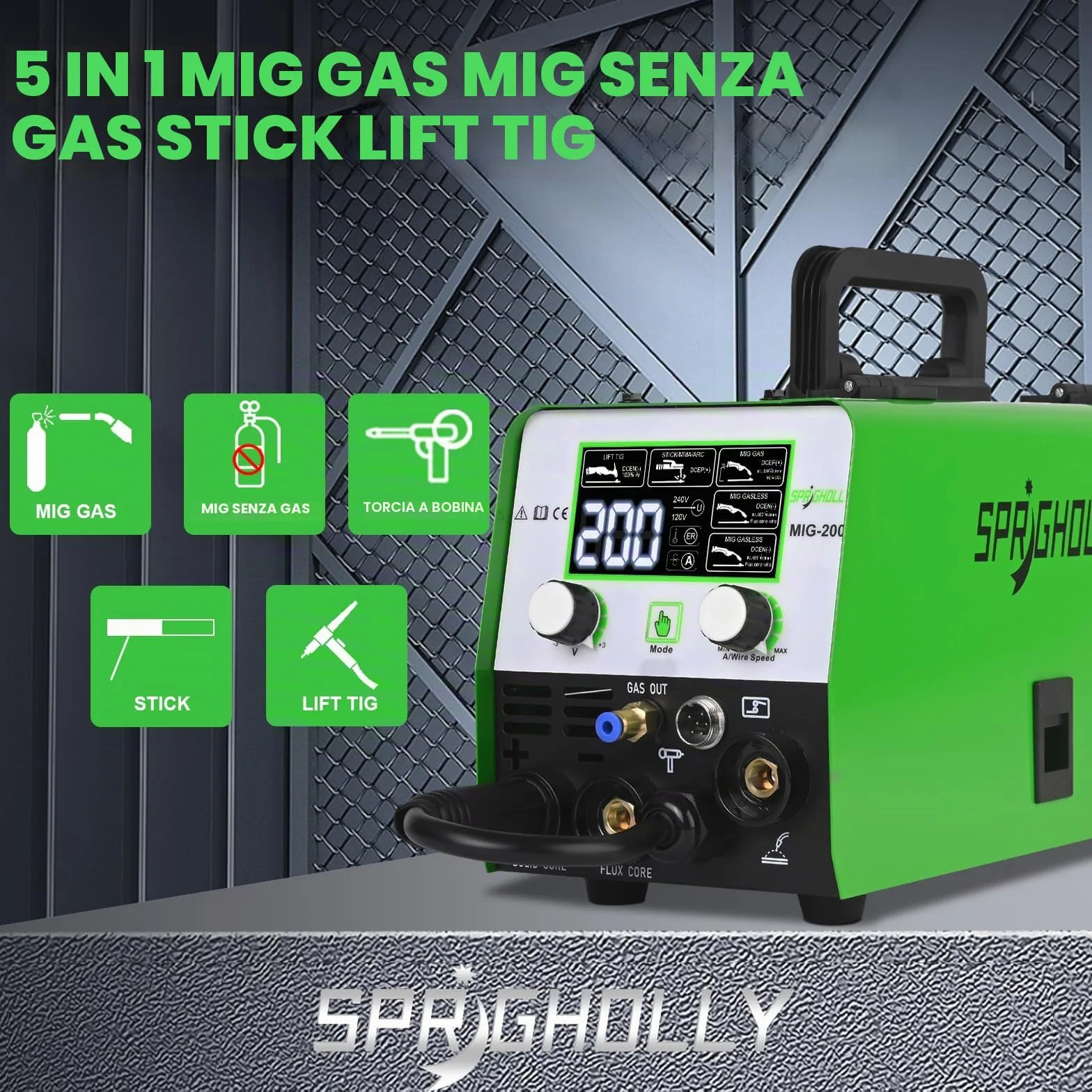 Saldatrice 5-in-1 200A 240V MIG/MAG Senza Gas MMA Lift TIG Inverter IGBT Display LED
