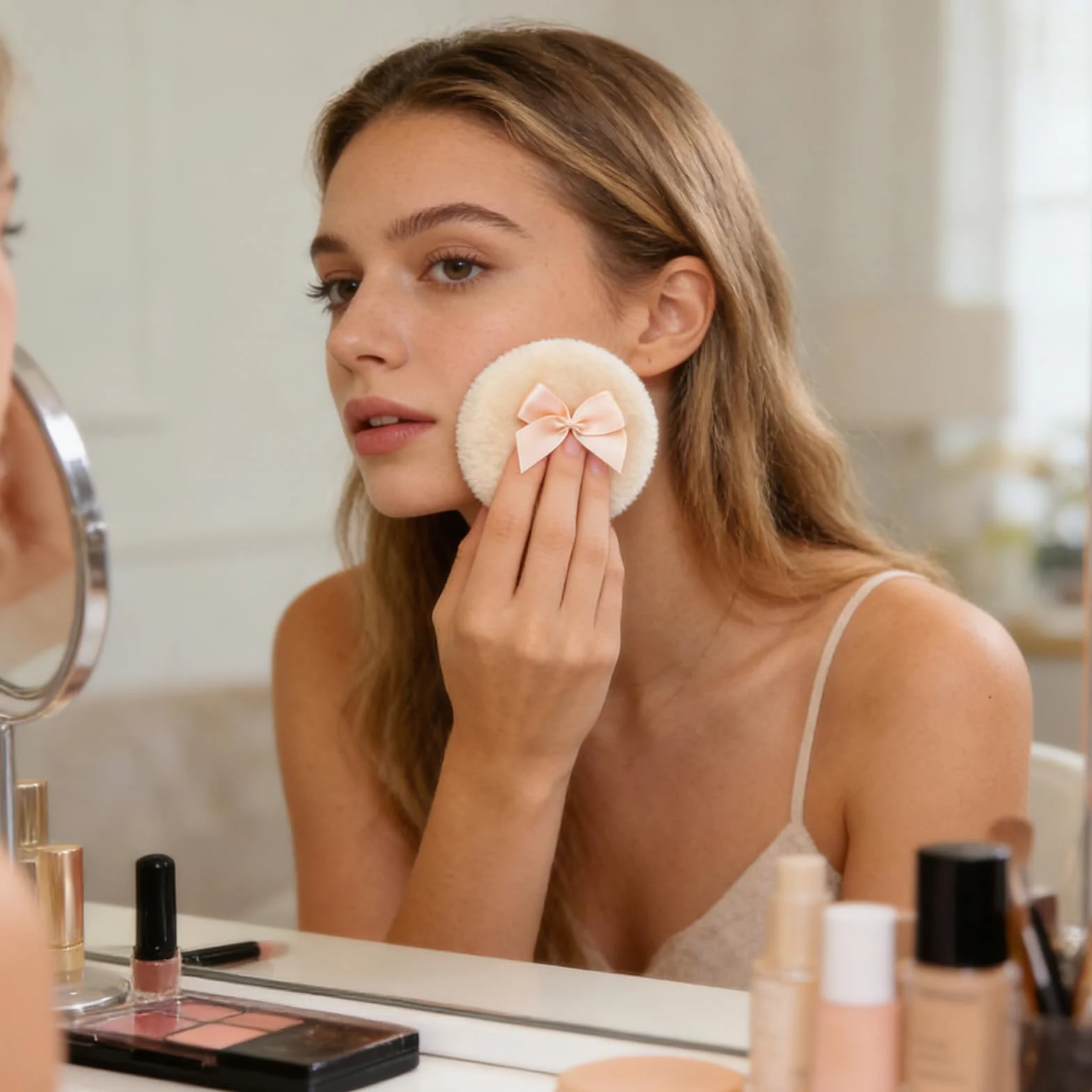 Piumino per Cipria Grande Set 4 Pezzi Piumino per Polvere Corporea Morbido Fluffy Lavabile con Nastro per Trucco Donna Bianco Beige