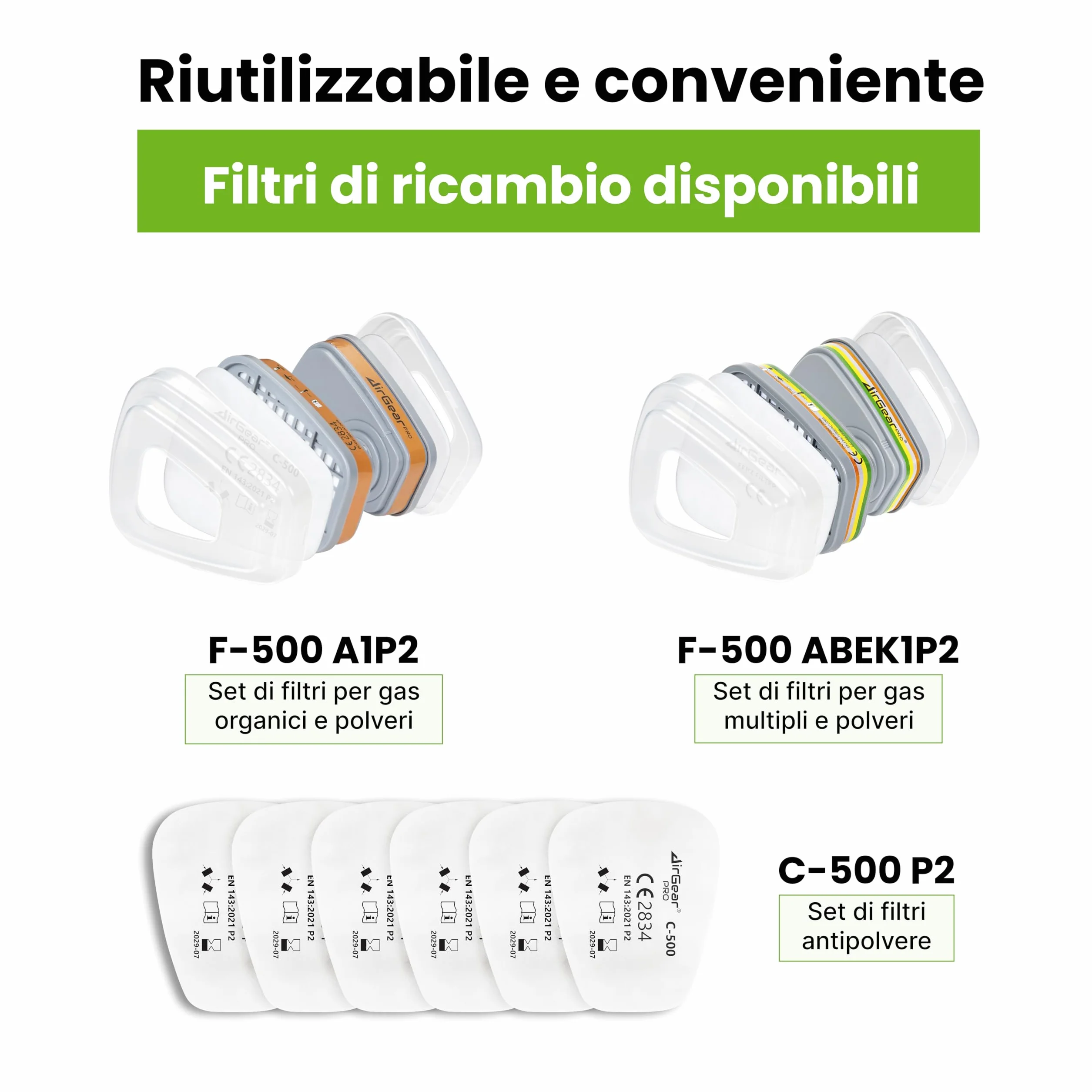 M-500 Maschera Antigas Antipolvere Riutilizzabile con Filtri AirGearPro
