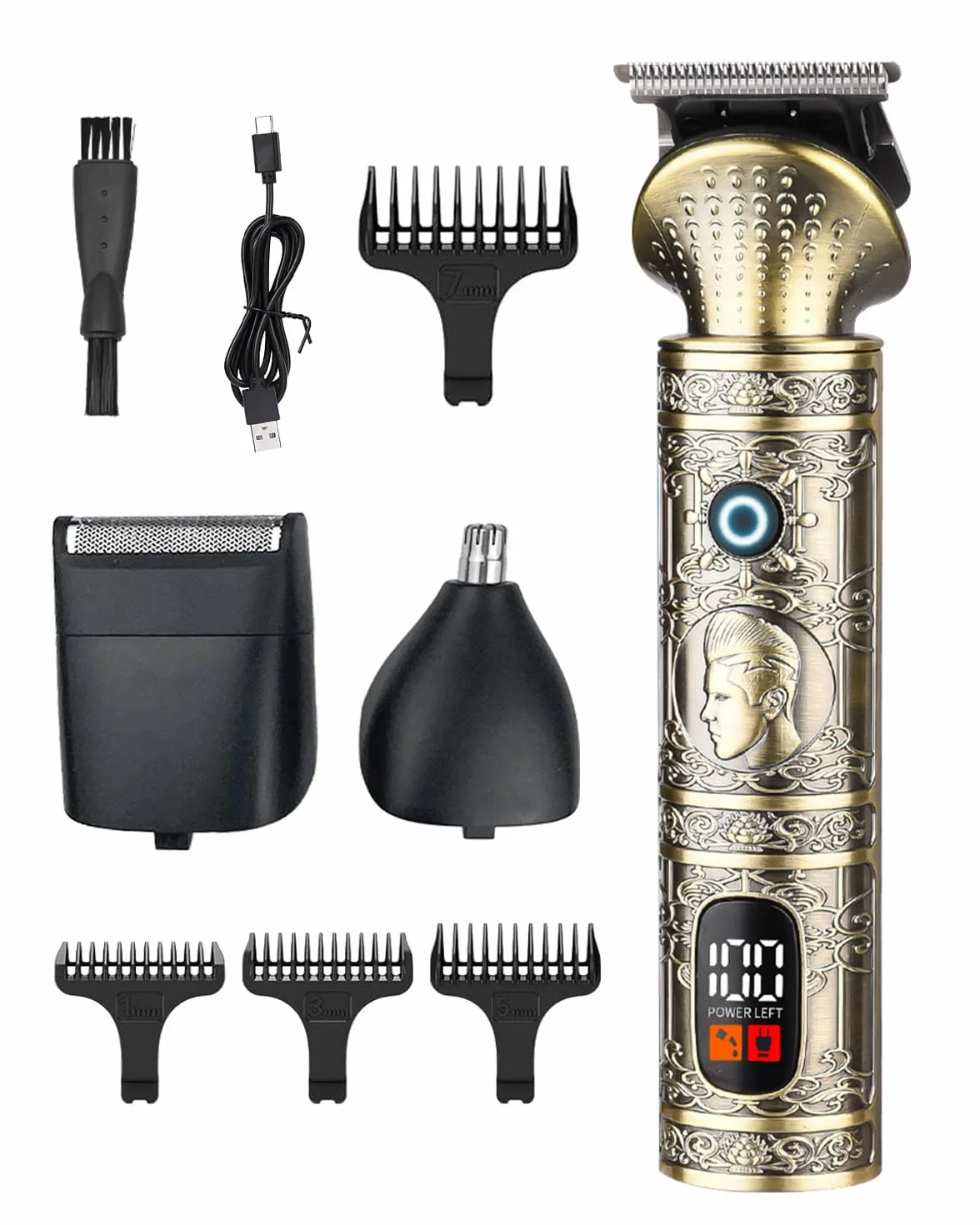 Tagliacapelli Professionale 3 in 1 per Uomo, Macchinetta Vintage con Display LED, Ricarica USB, Trimmer per Barba e Naso, Rasoio Elettrico per Capelli e Corpo