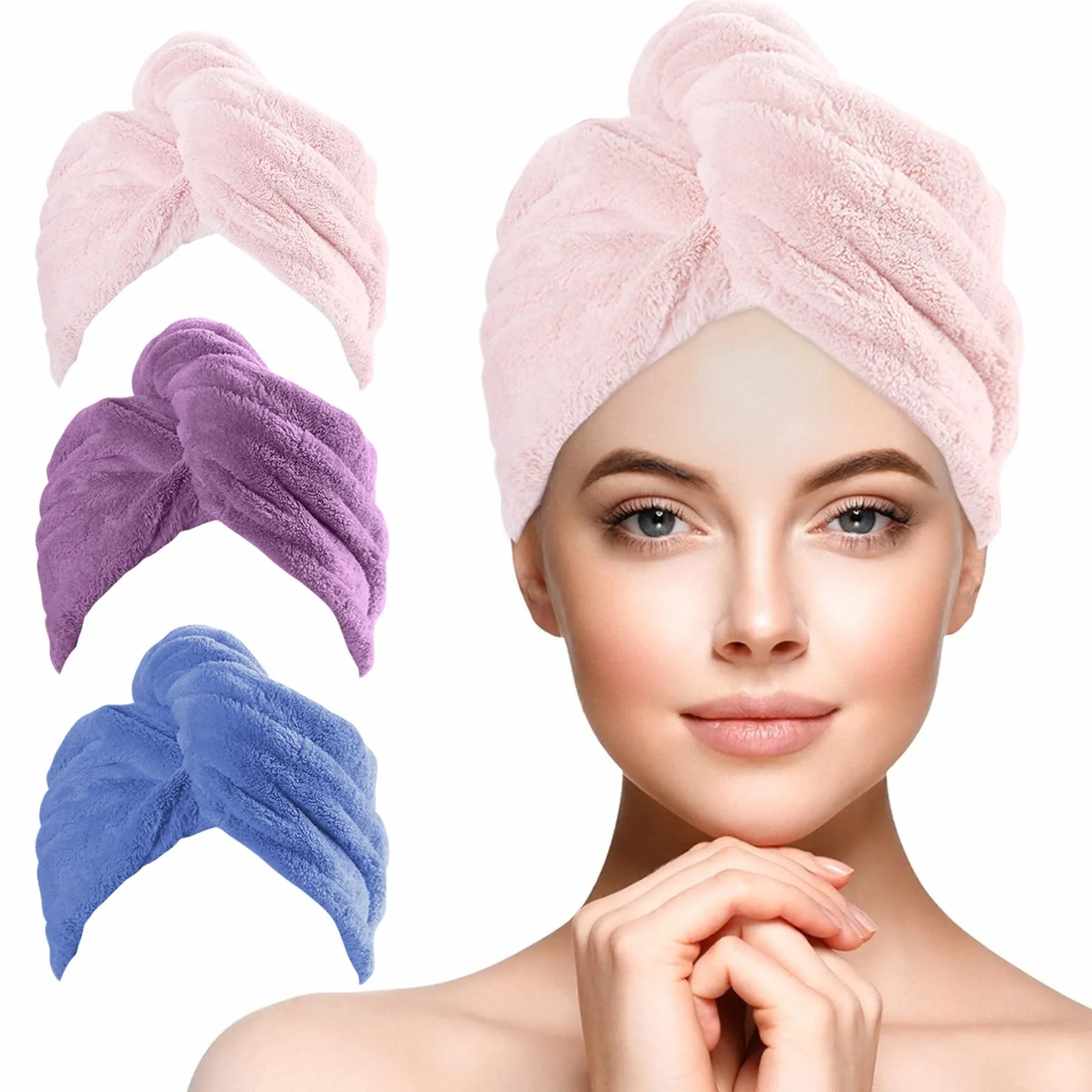 URAQT Asciugamano Microfibra Capelli, 3 Pezzi Asciugamano Capelli Turbante con Bottone, Morbido Assorbente e Asciugatura Rapida, Turbante Super Assorbente per Capelli Corti e Lunghi(Ricamato)