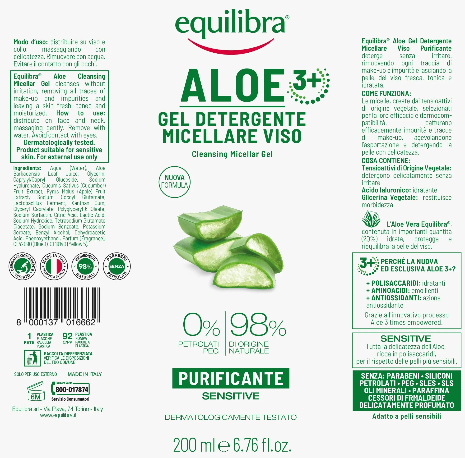 equilibra Viso, Aloe Gel Detergente Micellare Viso, Gel Detergente Viso con Aloe Vera e Aloe 3+ per Pelli Sensibili, Struccante, Rimuove Residui di Make-up e Impurità, Idratante e Tonificante, 200 ml