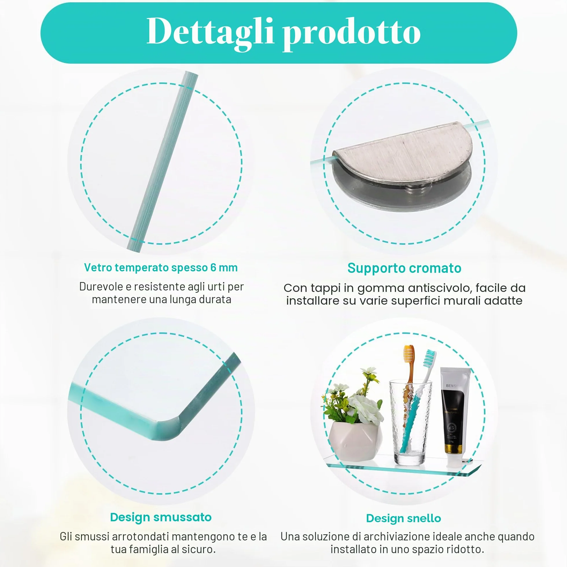 JIZZU Mensola Doccia 2 Pezzi Vetro Temperato 30 cm 6 mm 5 kg Bagno