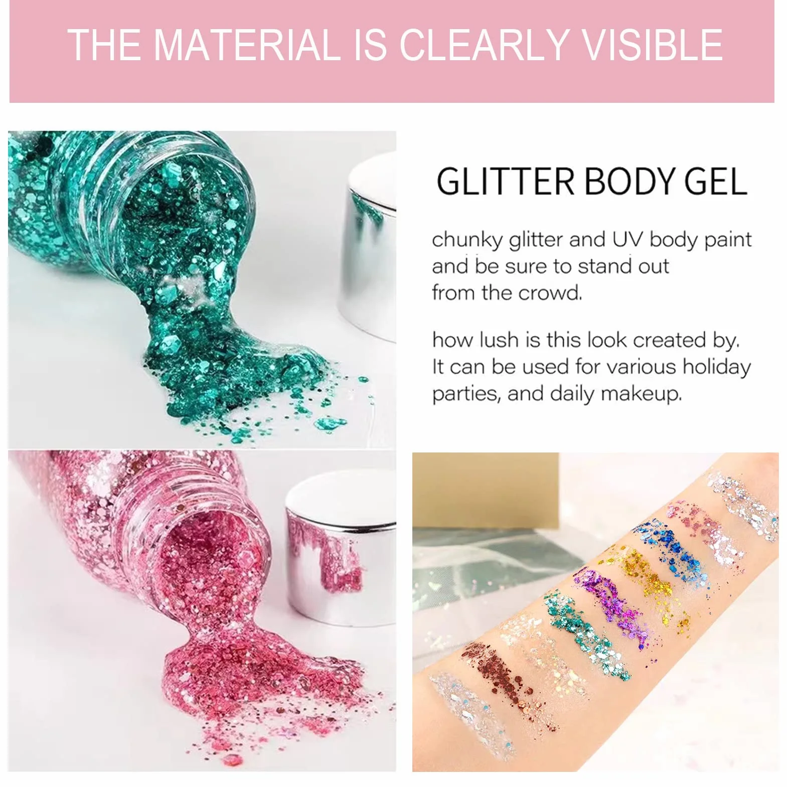 30ml Glitter Corpo, Glitter Gel Corpo,Glitter Body Gel, Glitter Gel Viso per Viso, Unghie, Occhi, Labbra, Capelli, Corpo, per Musica, Festival, Feste in Maschera