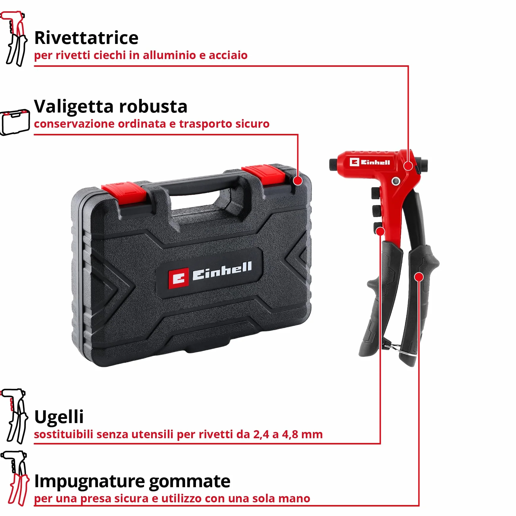 Einhell Pinza Rivettatrice Set 100 Rivetti 4 Ugelli Valigetta