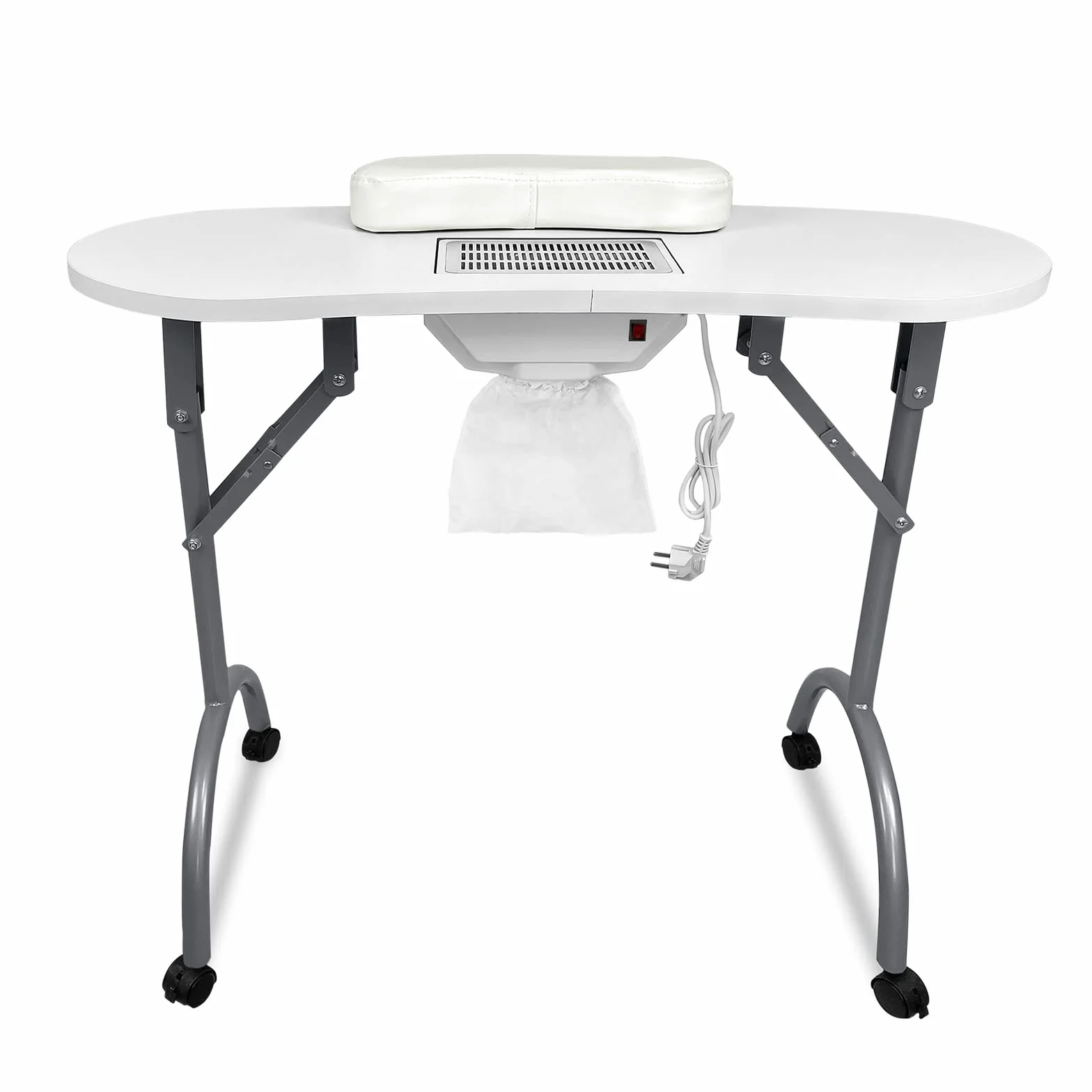HENGMEI Tavolo per Unghie con Aspirazione, Tavolo Mobile per Manicure con Estrazione Della Polvere Incorporata Pieghevole per Salone per Unghie con Rotelle e Cuscino per i Polsi, Bianco