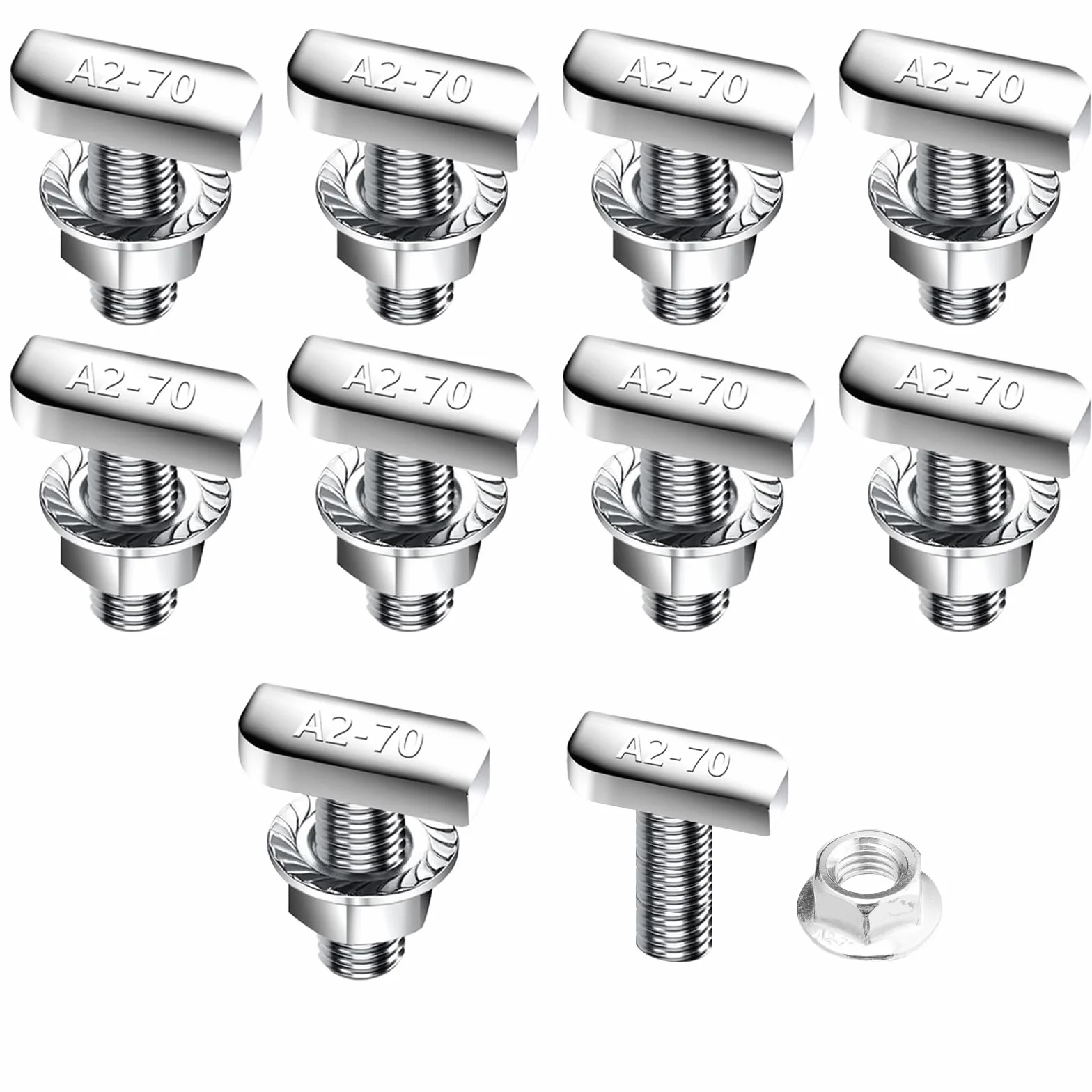 Viti a testa martello M10 x 25 mm in acciaio inox A2-70 T con dadi a flangia per binari solari PV, 10 pezzi