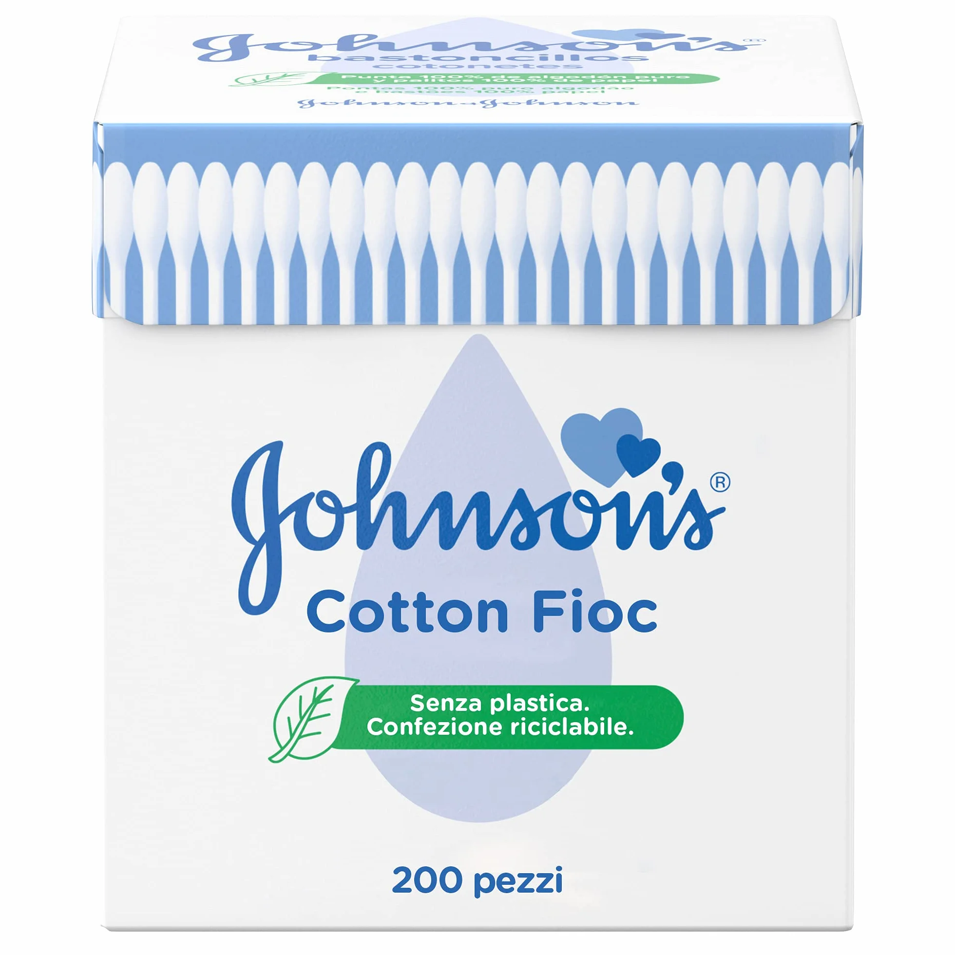 Johnson's Baby Cotton Fioc 200 Pezzi, Cotton fioc neonato e adulto morbidi e delicati, Bastoncini in carta e cotone ipoallergenici per la pulizia orecchie e contorno occhi e per il trucco