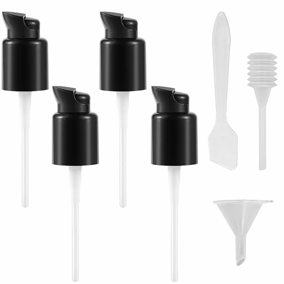 4 Plastica Pompe di Fondotinta di Ricambio Compatibile con Fondamenti Coloranti Doppia Azione Mac ed Estée Lauder, Cambiatore di Pompa di Trucco (con cucchiaio, pipetta, Imbutito)