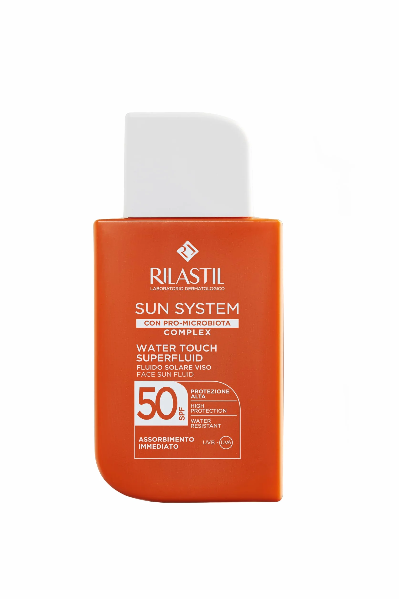 Rilastil Sun System Water Touch Superfluid SPF50, Fluido Solare Viso Idratante e Antiossidante Water Resistant ad Assorbimento Immediato, 50ml