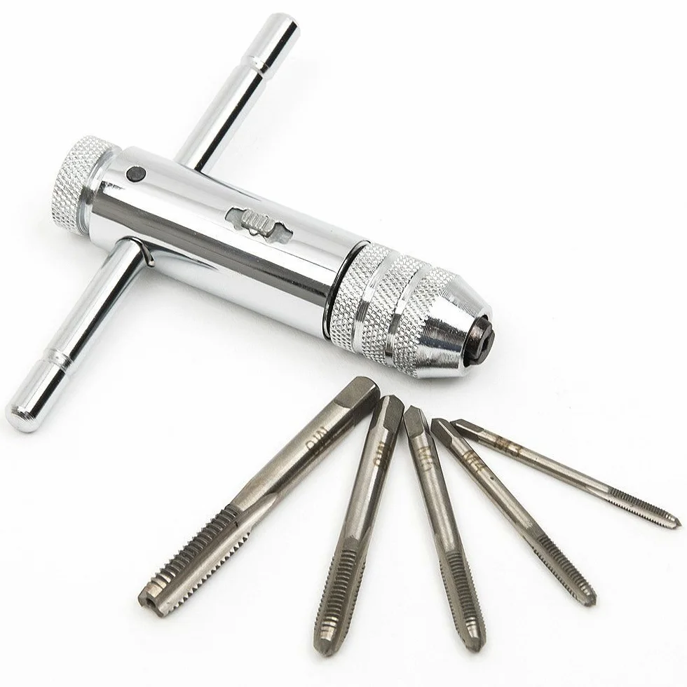 Set 5 Pezzi Maschi a Mano M3/4/5/6/8 HSS per Filettare con Giramaschi Regolabile