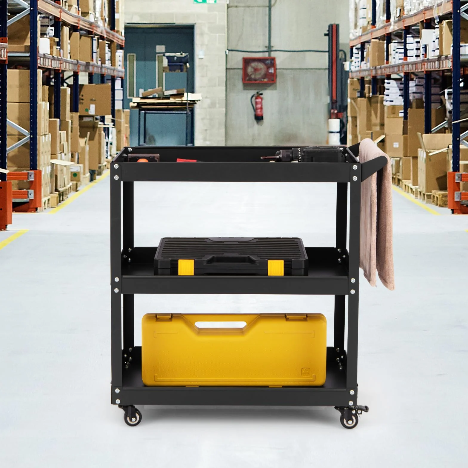 GYMAX Carrello Multiuso Robusto a 3 Ripiani con Maniglia Comoda, Ruote Bloccabili per Magazzino, Garage, Cucina, Officina (Nero)