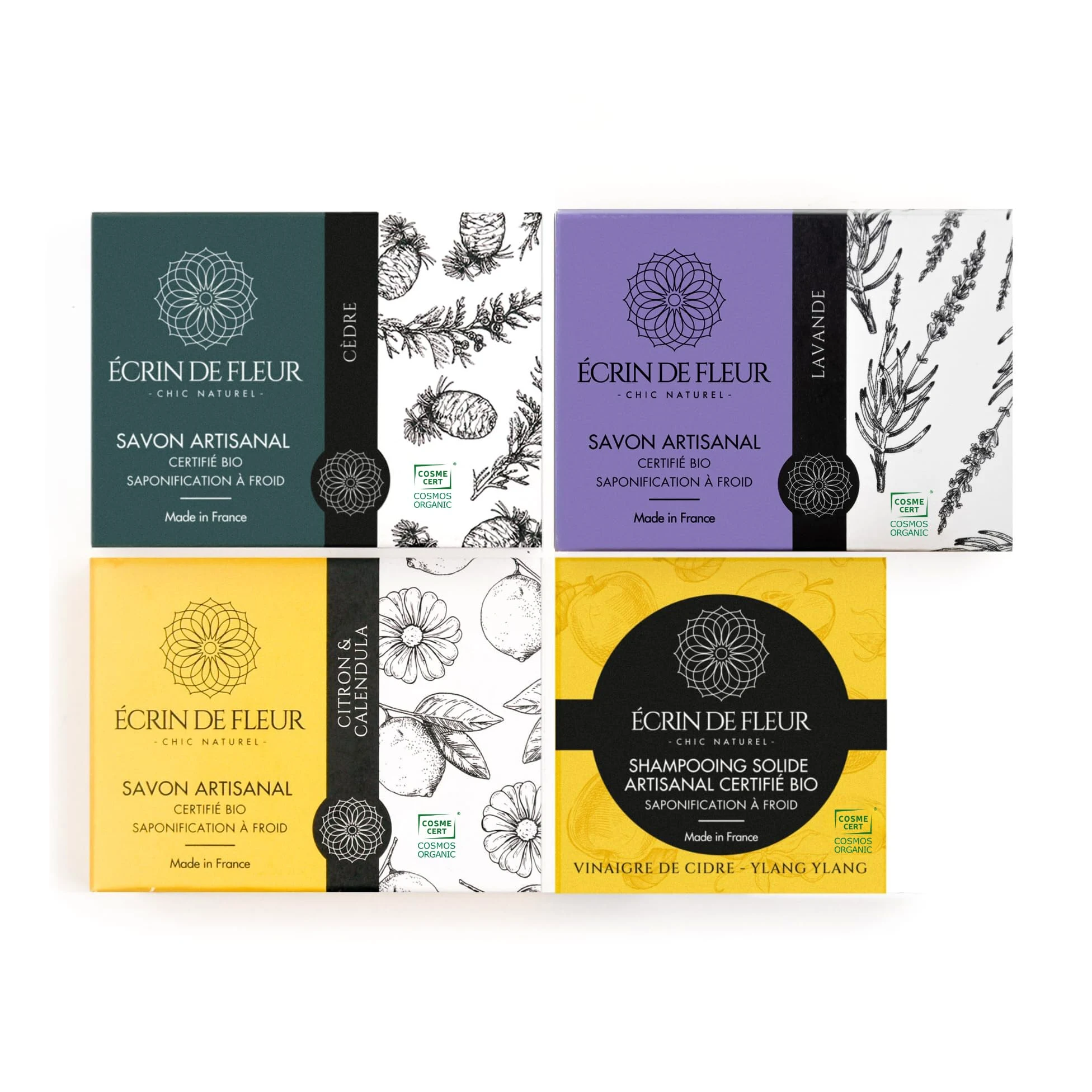 Cofanetto Regalo Biologico con Saponi e Shampoo Solido, Fatto a Mano in Francia, Cosmesi Artigianale Processo a Freddo, Certificato COSMOS & Nature et Progrès, Collezione 4 Pezzi