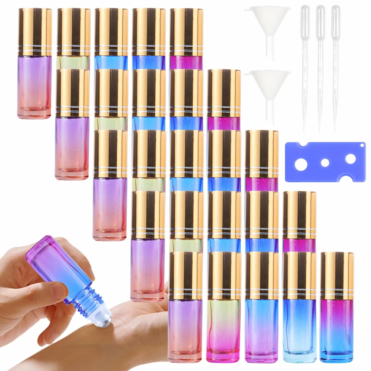 Bottiglie di olio essenziale: 25 pezzi da 5 ml di colore Roll on bottiglia vuota con imbuto & apriscatole e paglia, bottiglie di vetro per olio essenziale aromaterapia profumo