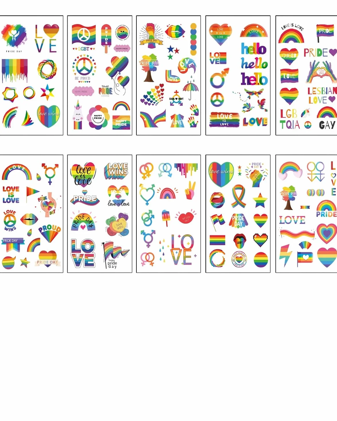 Tatuaggi Temporanei Arcobaleno 10 Fogli | Pride Impermeabili Lunga Durata per Parate, Festival, Feste LGBT | Viso, Corpo, Uomini, Donne, Bambini