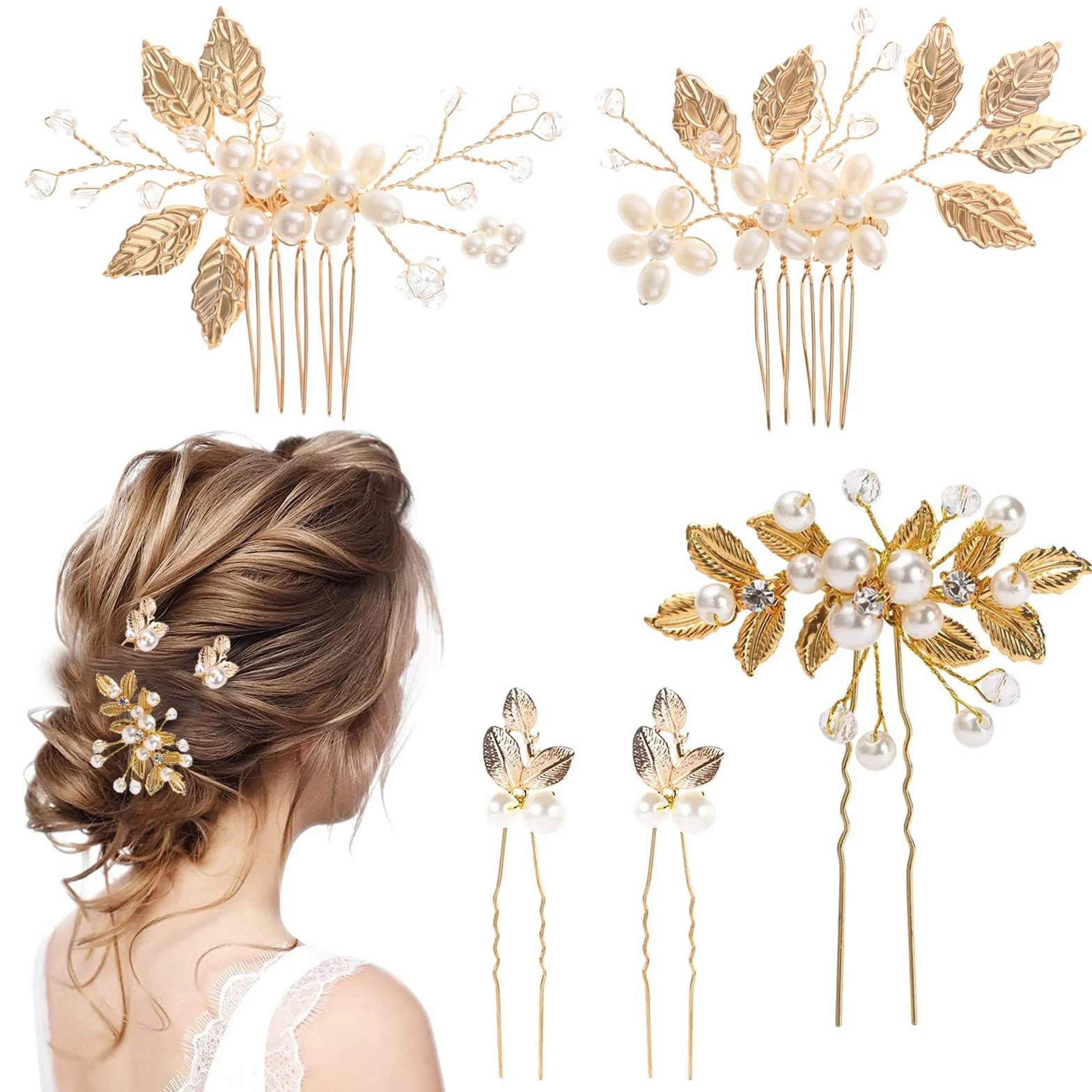 Perle Fiore Strass Pettine per Sposa, 5 Pezzi, Fermagli a Pettine da Sposa, Fermagli per Capelli da Cerimonia, Fermaglio Capelli Sposa con Pettine, per le Ragazze Sposa Damigella d'onore